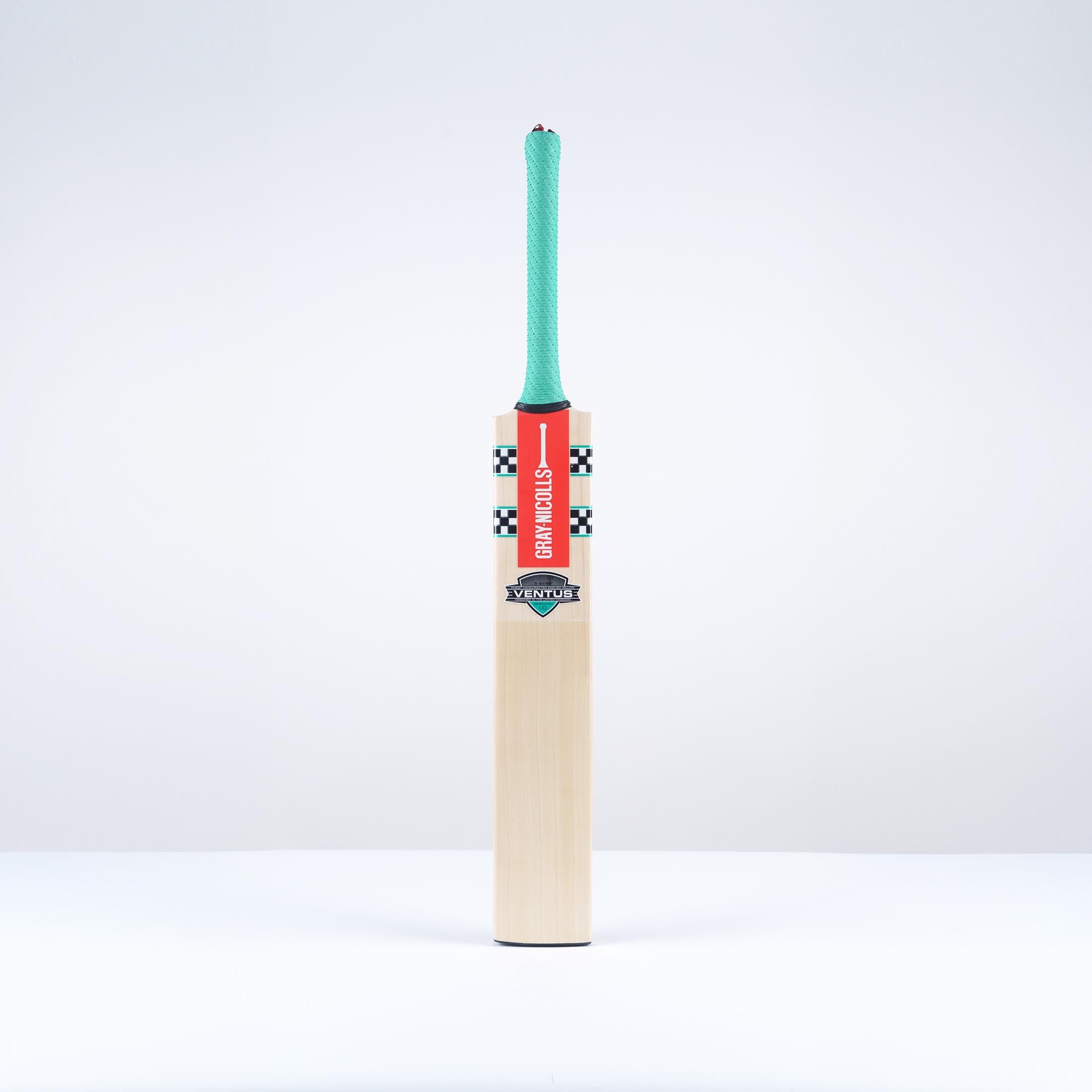 Gray-Nicolls Ventus 1.0 5 Star Junior Cricket Bat featuring a light wooden blade, vibrant turquoise grip, and a striking red and black label design.