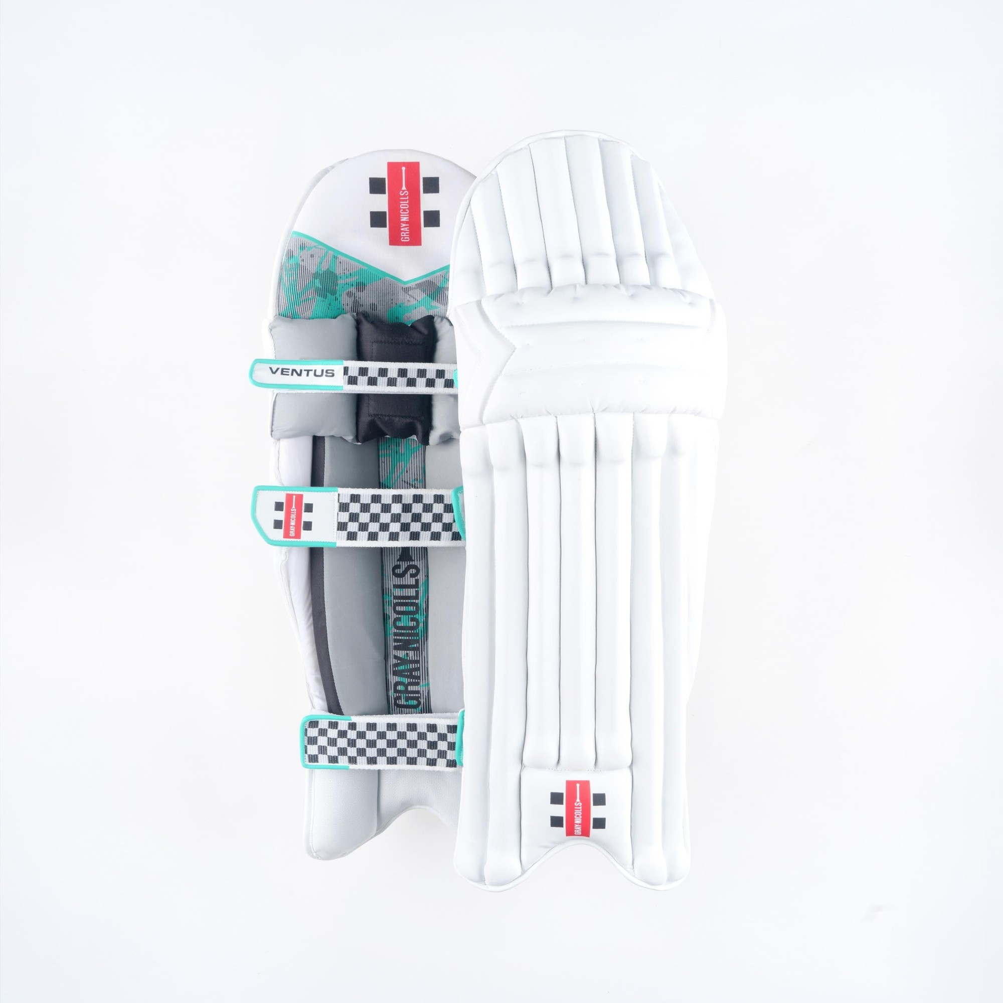 Gray-Nicolls Ventus 1.0 batting pads in white, featuring a sleek design with turquoise accents, adjustable straps, and a padded surface for enhanced protection.