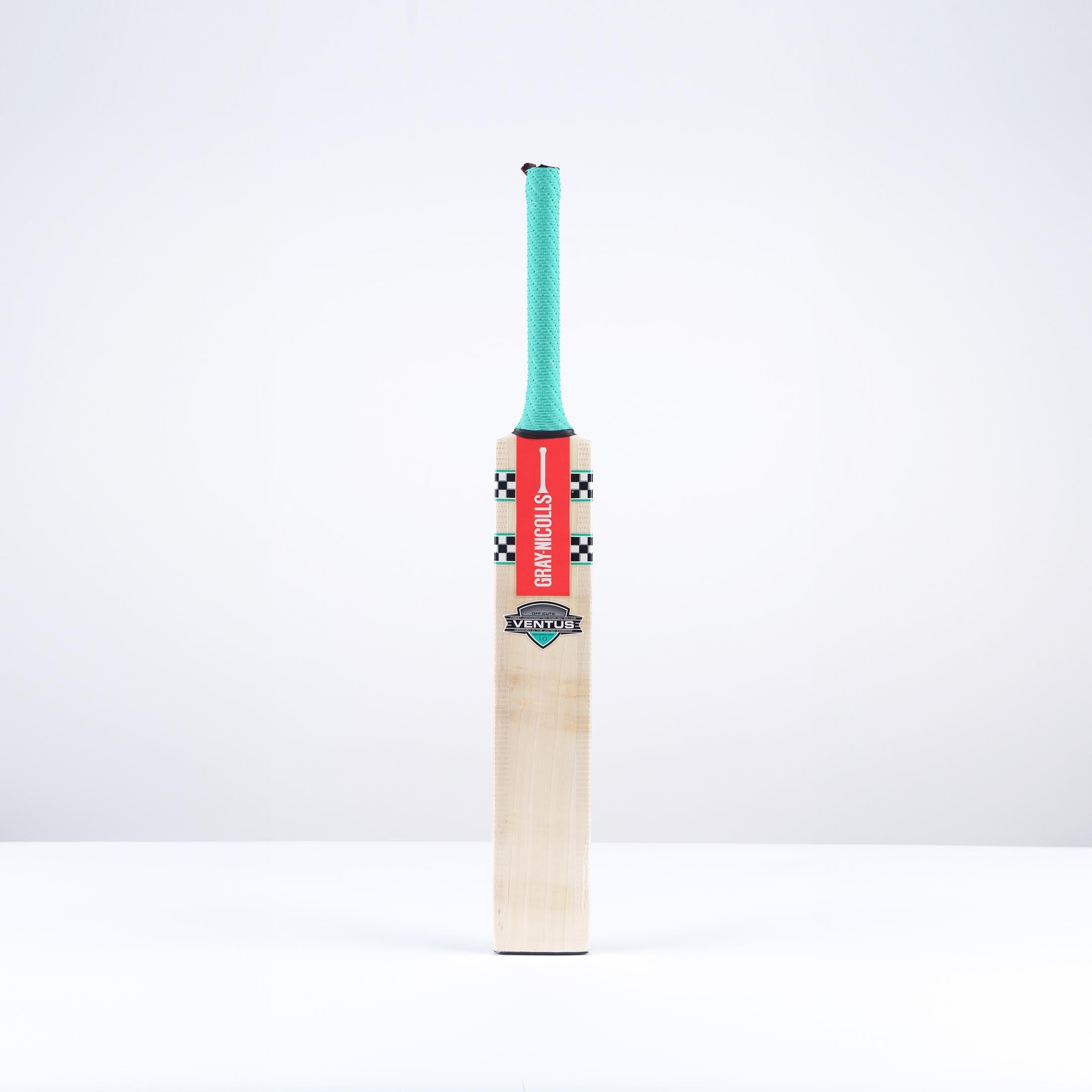Gray-Nicolls Ventus 1.0 Junior cricket bat features a light wood blade, vibrant turquoise grip, and distinctive red and black branding on the handle.