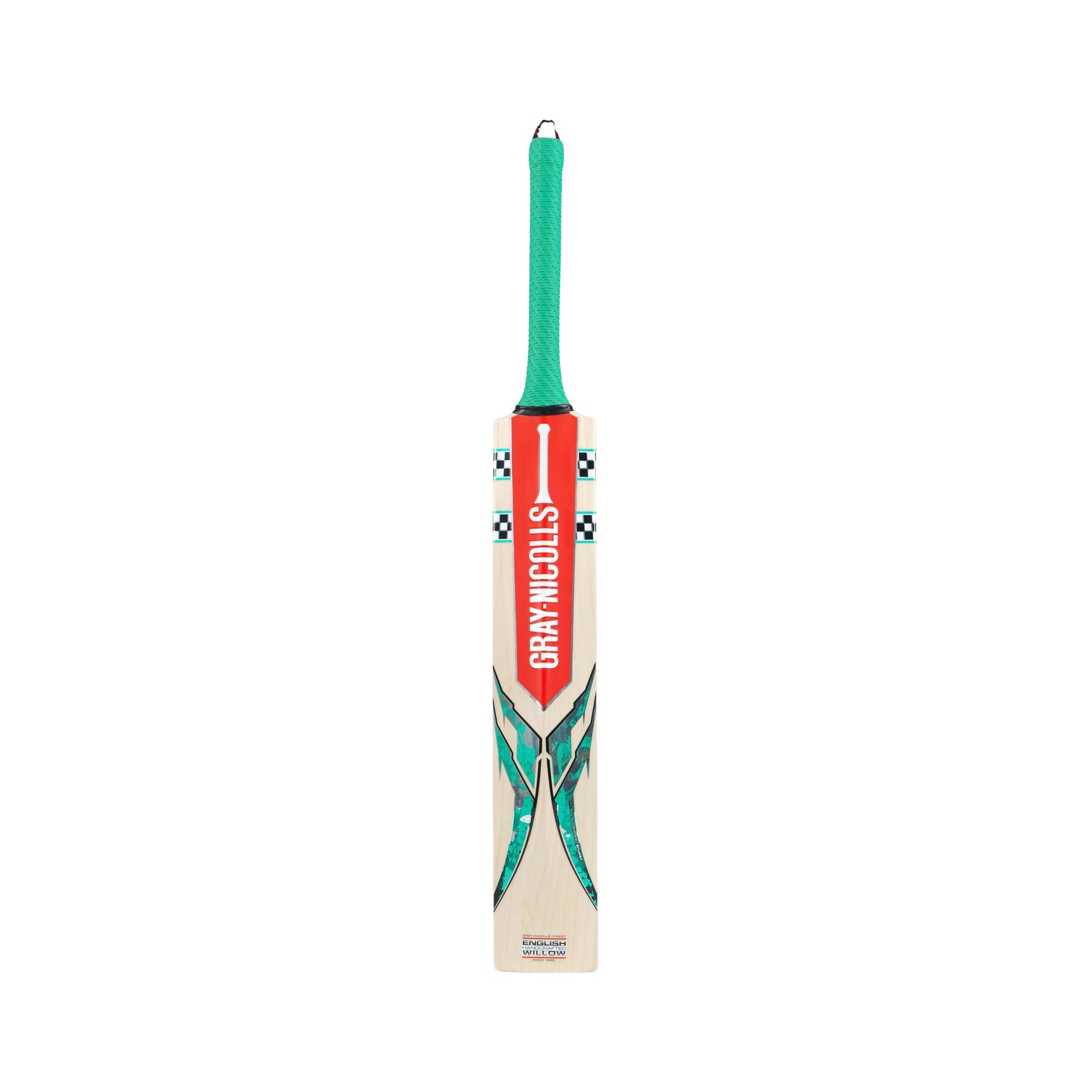 Gray-Nicolls Ventus Gen 1.0 Power cricket bat features a light wooden body with a striking green and red design, including a textured green grip and distinctive branding.