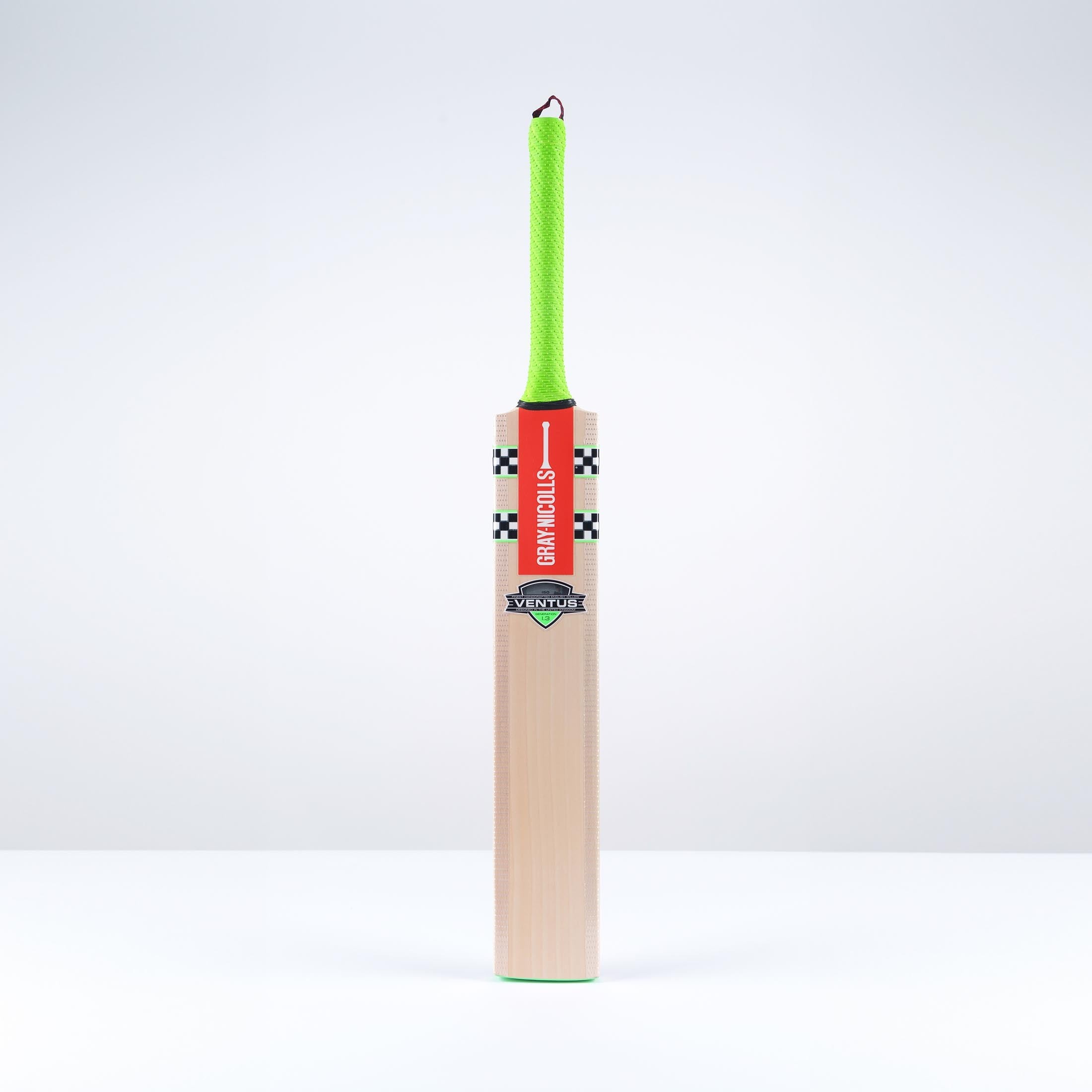Gray-Nicolls Ventus 1.3 150 Junior cricket bat with a light wooden body, vibrant green grip, and distinctive red and black branding on the handle.