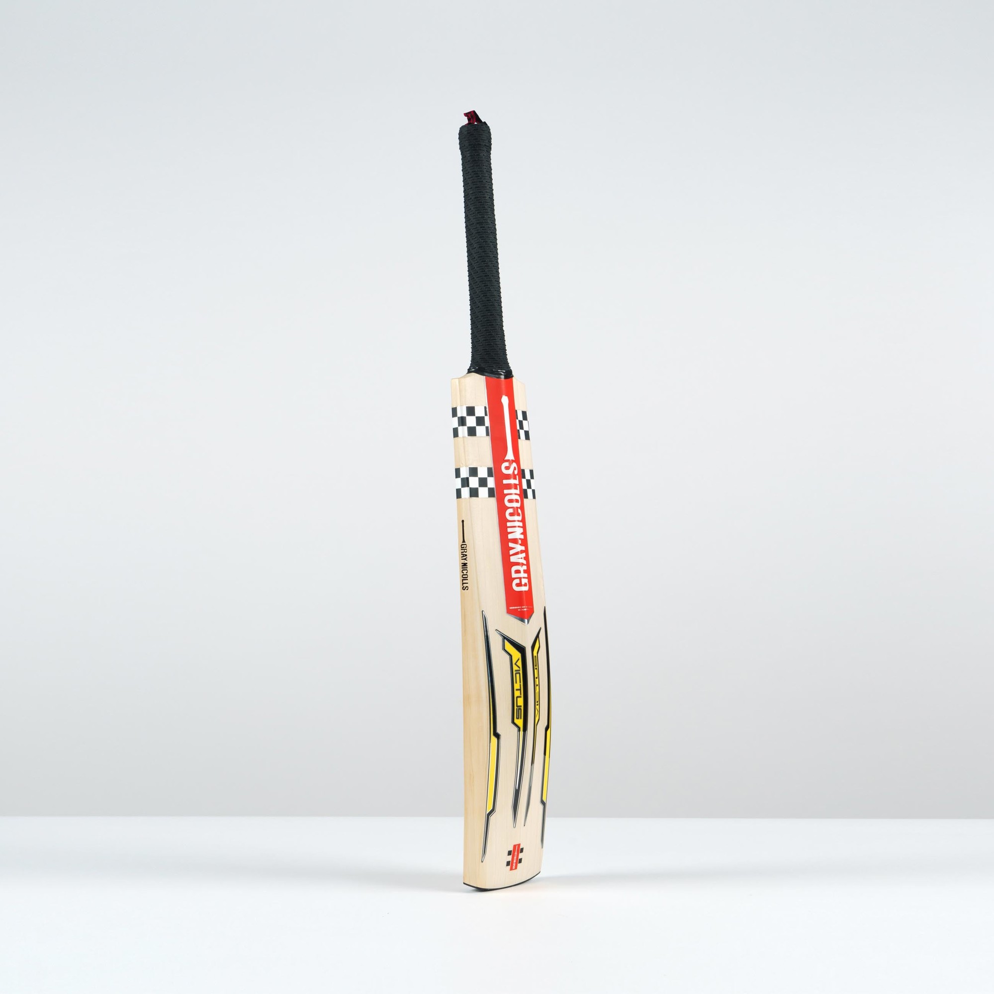 Gray-Nicolls Victus 5 Star Junior Cricket Bat in natural wood with a black grip, featuring a sleek design with yellow and red accents and a checkerboard pattern on the handle.