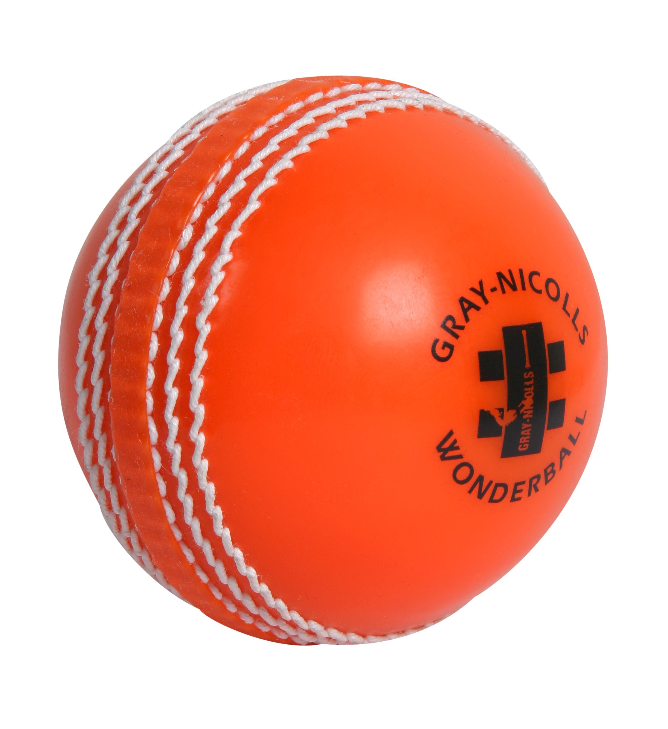 Bright orange cricket training ball with white stitching, featuring the Gray-Nicolls logo and "Wonderball" text, designed for enhancing skills and visibility.