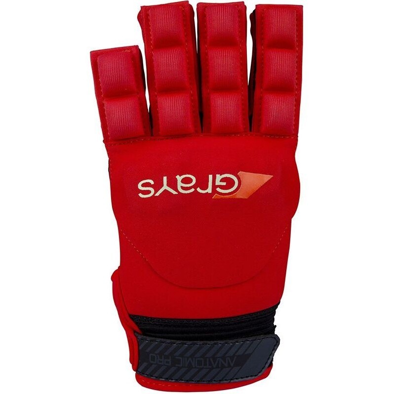 Red Grays Anatomic Pro Glove featuring a padded design, flexible fingers, and a secure wrist strap, ideal for hockey players seeking comfort and protection.