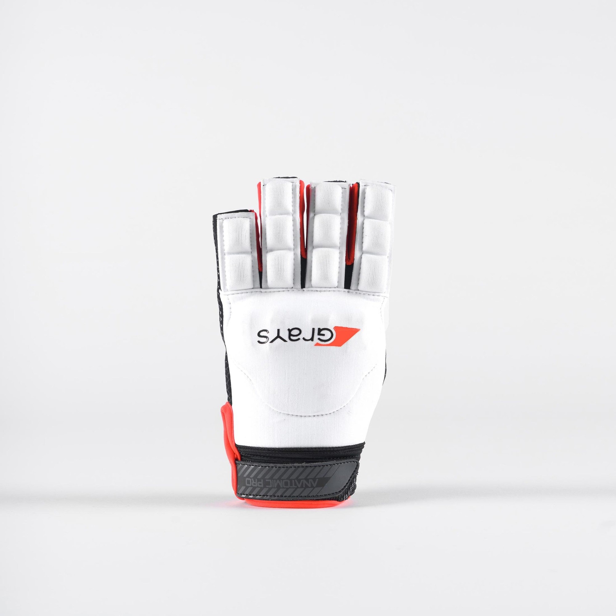 White Grays Anatomic Pro glove featuring a padded palm, red accents, and a snug fit, designed for optimal grip and protection in hockey.
