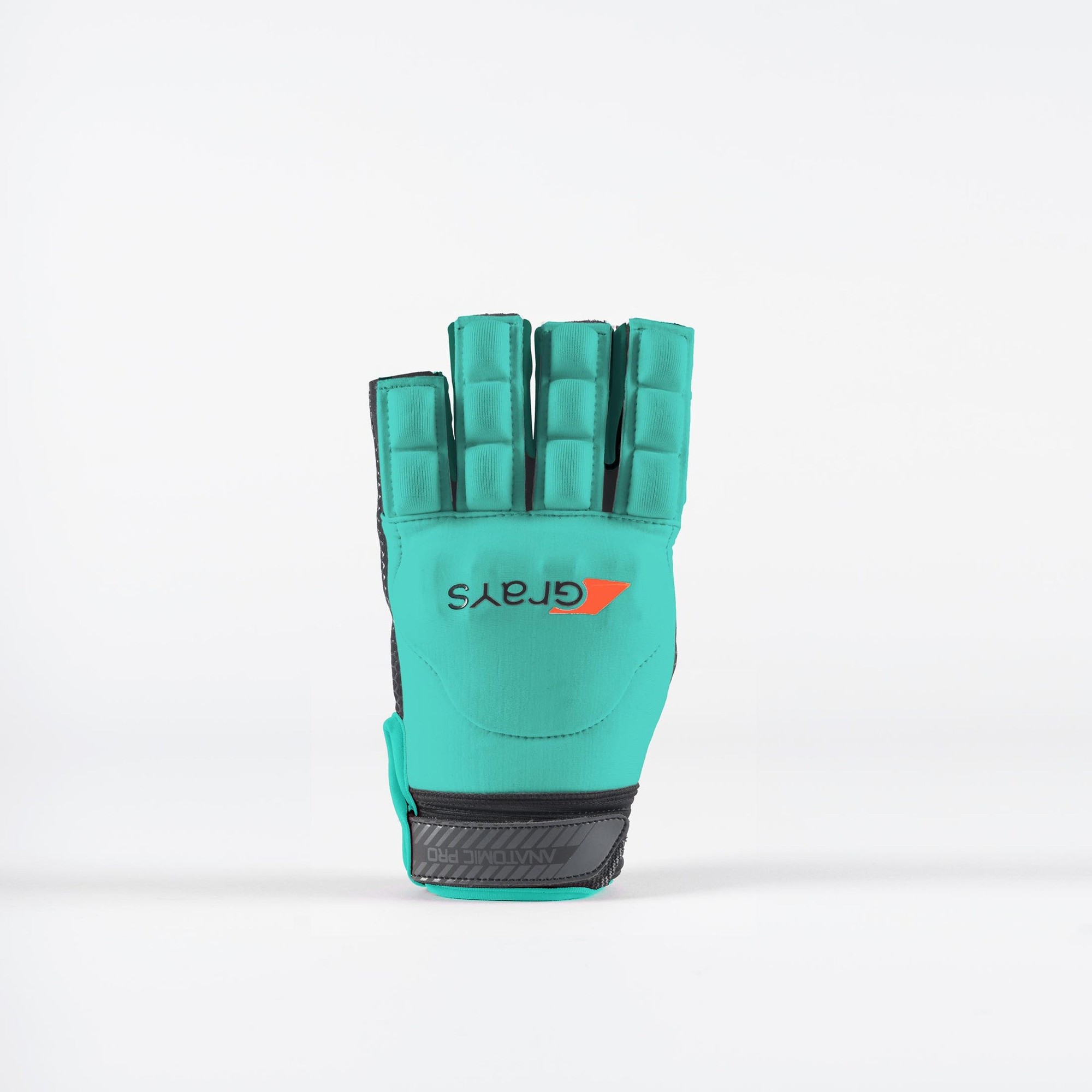 White Grays Anatomic Pro Glove featuring a padded palm, flexible fingers, and a textured grip, designed for hockey with vibrant turquoise accents and a secure fit.