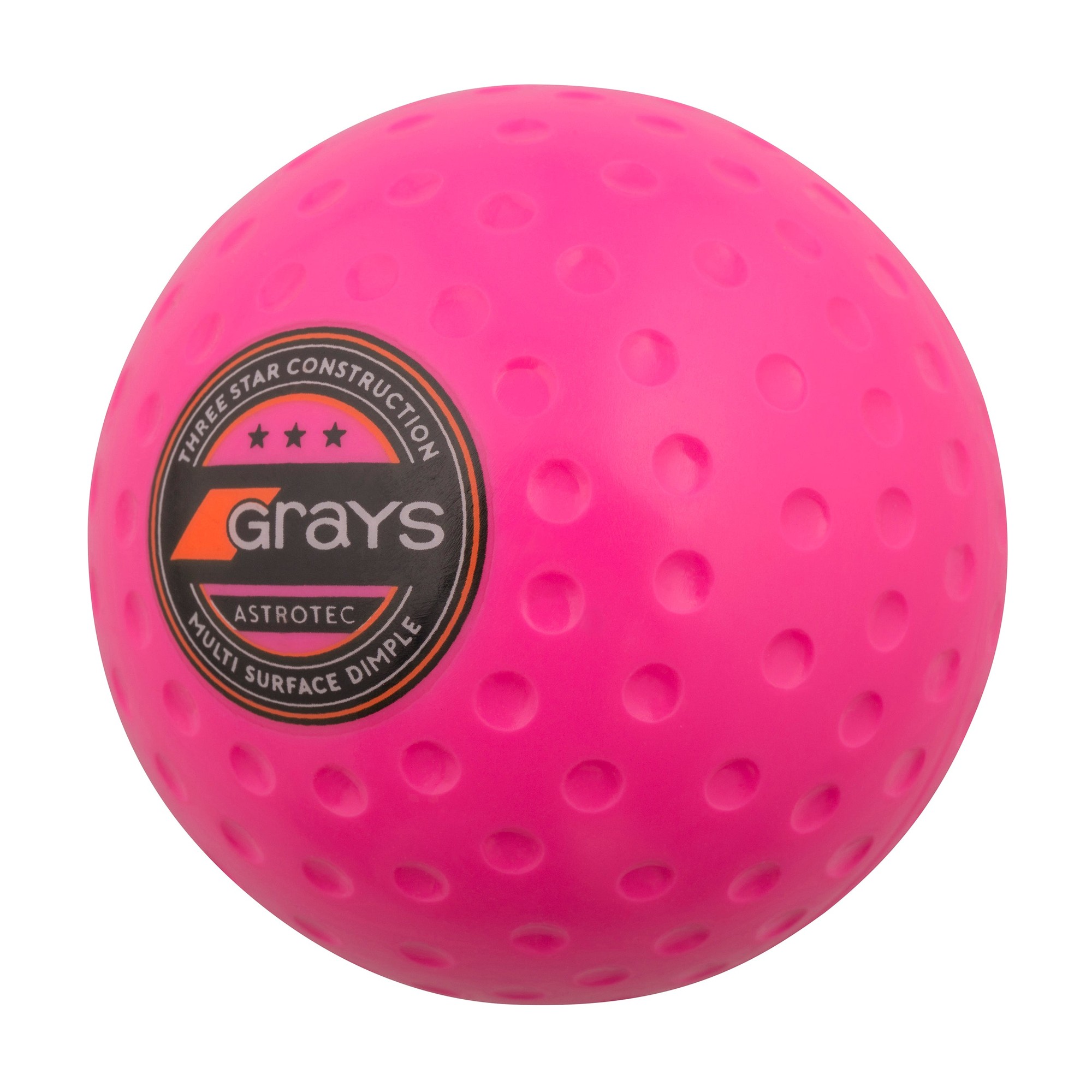 Six vibrant pink Grays Astrotec balls with a dimpled surface, featuring a black and orange logo, designed for multi-surface play in hockey.