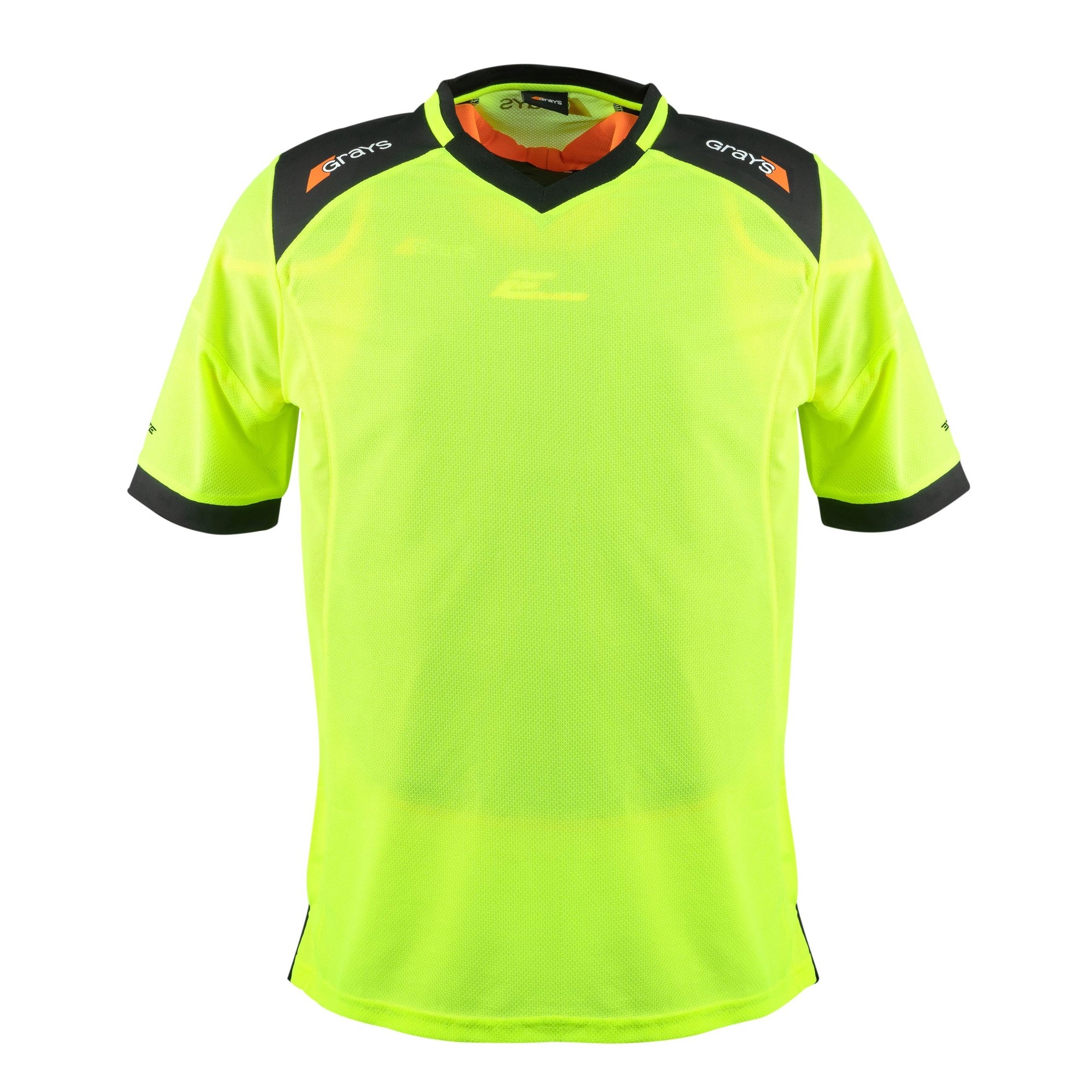 Fluo yellow Grays Elite Pro GK smock featuring a breathable mesh material, black shoulder accents, and an orange collar, designed for goalkeepers in hockey.