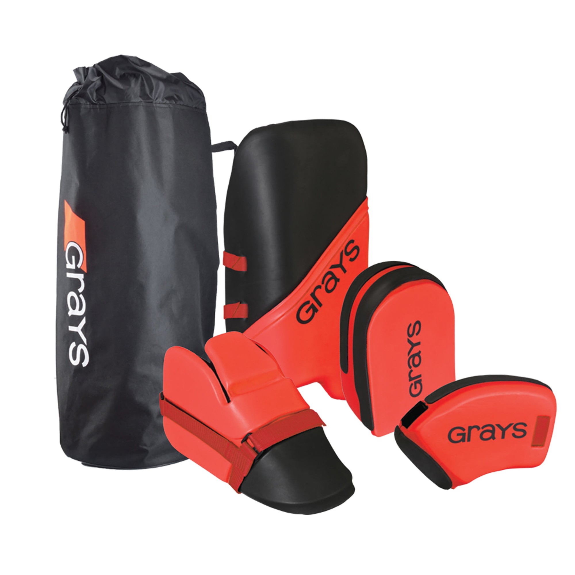 Black and red Grays G100 Goalie Set for seniors, including leg guards, kickers, and a glove, all made from durable materials, packaged in a black carry bag with the Grays logo.
