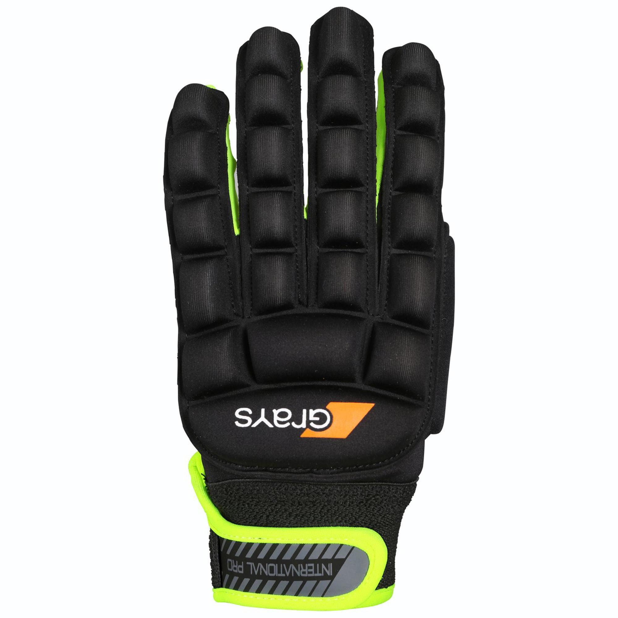 Black gel gloves with padded fingers, bright green accents, and a textured grip, featuring the Grays logo and a secure wrist strap for enhanced support.