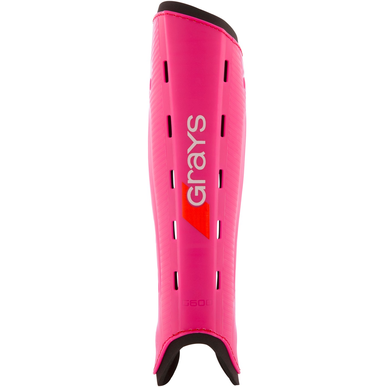 White Grays G600 shinguards featuring a sleek design, made from durable material with ventilation holes, and a prominent red Grays logo on the front.