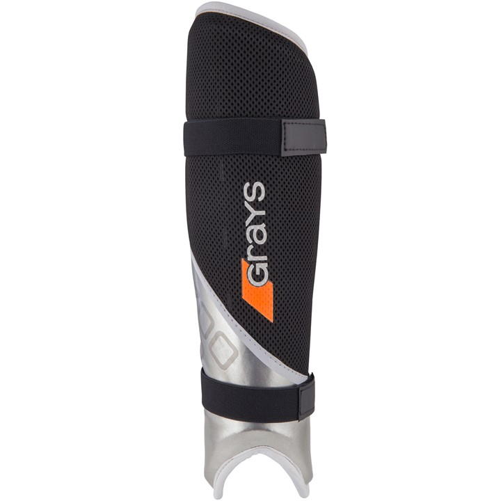 Black Grays G700 Pro shinguards featuring a breathable mesh material, silver accents, and adjustable straps for a secure fit.
