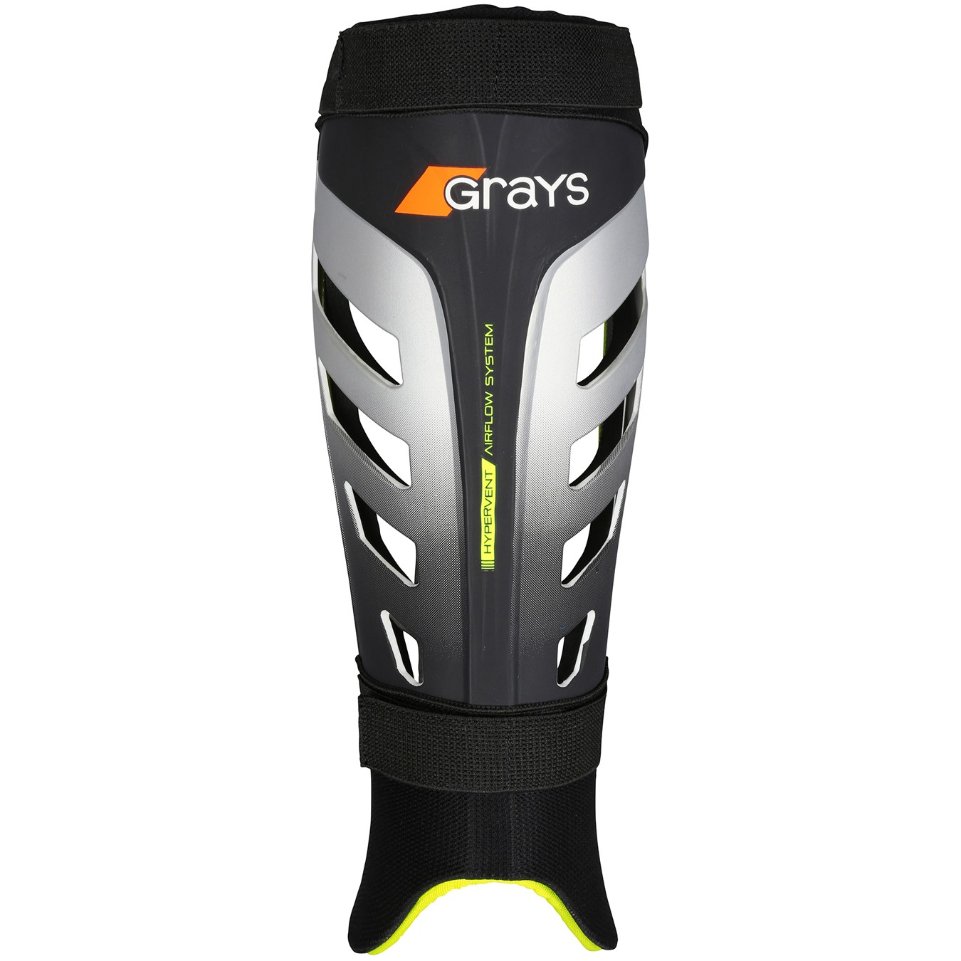 Black Grays G800 shinguards featuring a sleek design with silver accents, ventilation slots, and a secure ankle strap for enhanced protection and comfort.