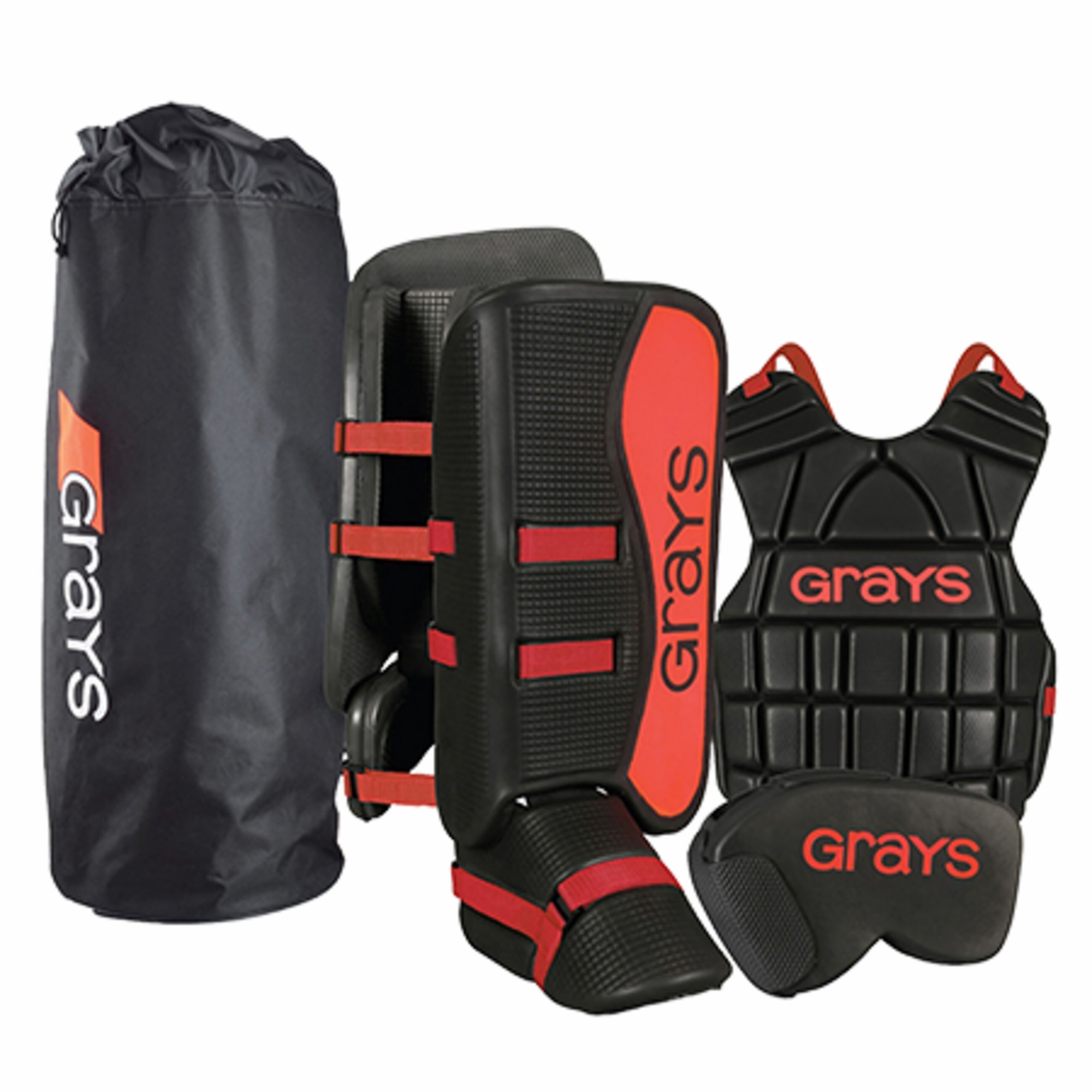 Black and red Grays G90 Junior Goalie Set featuring padded leg guards, chest protector, and blocker, all made from durable materials, with a carrying bag included.