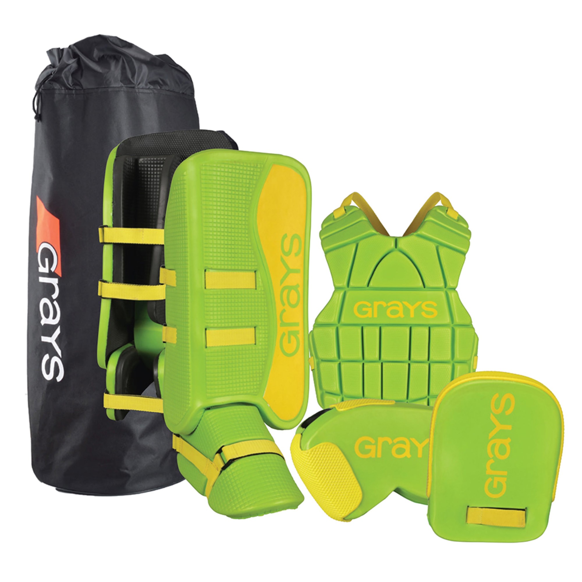 Black carry bag with red "Grays" logo alongside a junior goalie set featuring bright green padded leg guards, chest protector, and blocker, all made from durable materials.
