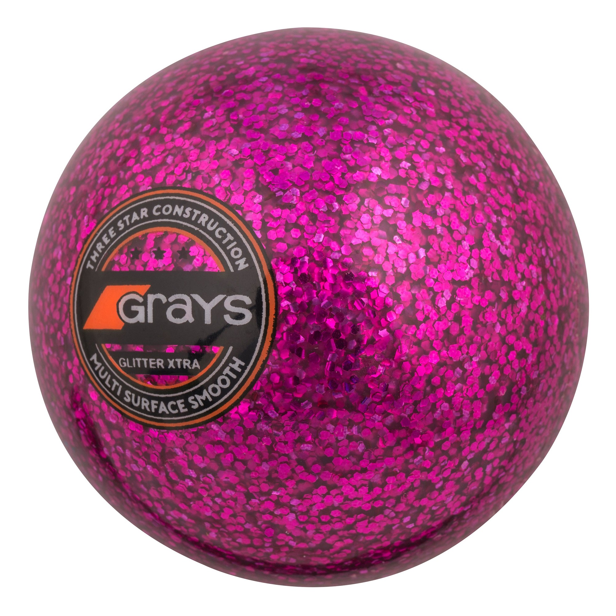 Bright pink hockey ball with a glittery finish, featuring a smooth surface and a black Grays logo label, indicating three-star construction quality.