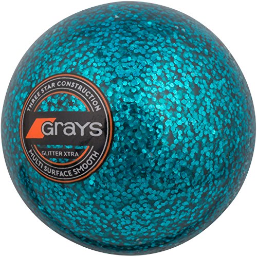 Teal glitter hockey ball featuring a smooth surface, three-star construction, and a prominent Grays logo on a circular design.