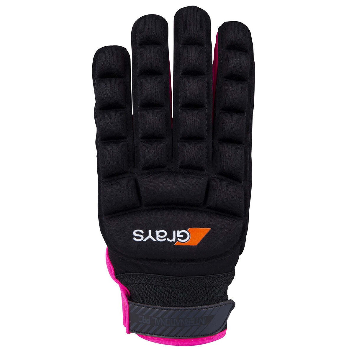 White Grays International Pro Gloves featuring a black padded palm, pink accents, and a secure wrist strap, designed for enhanced grip and protection in hockey.