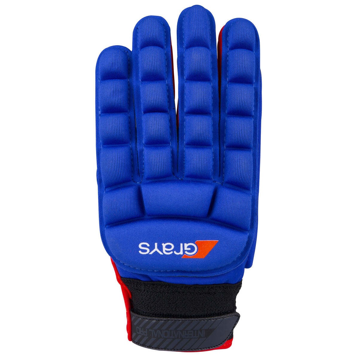 White Grays International Pro Gloves featuring a padded design, with a blue and red color scheme, made of durable material for enhanced grip and protection in hockey.