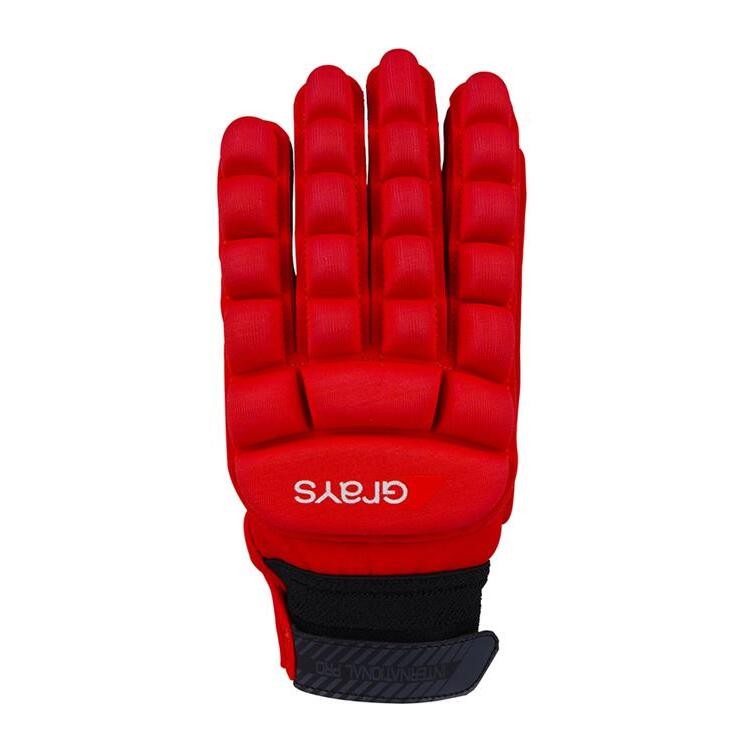 White Grays International Pro Gloves featuring a padded design, flexible fingers, and a secure wrist strap for enhanced grip and protection in hockey.
