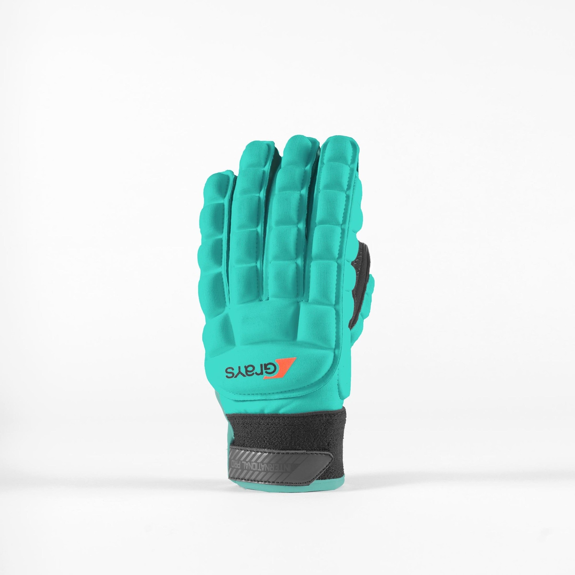 White hockey gloves by Grays International, featuring a padded design, flexible fingers, and a black wrist strap for secure fit.