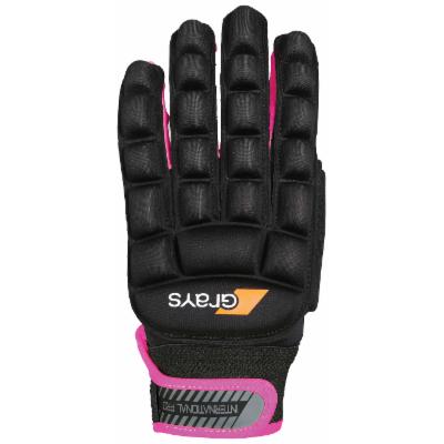 Left field hockey glove by Grays Hockey, featuring a black padded design with pink accents, reinforced knuckles, and a secure wrist strap for enhanced protection and grip.