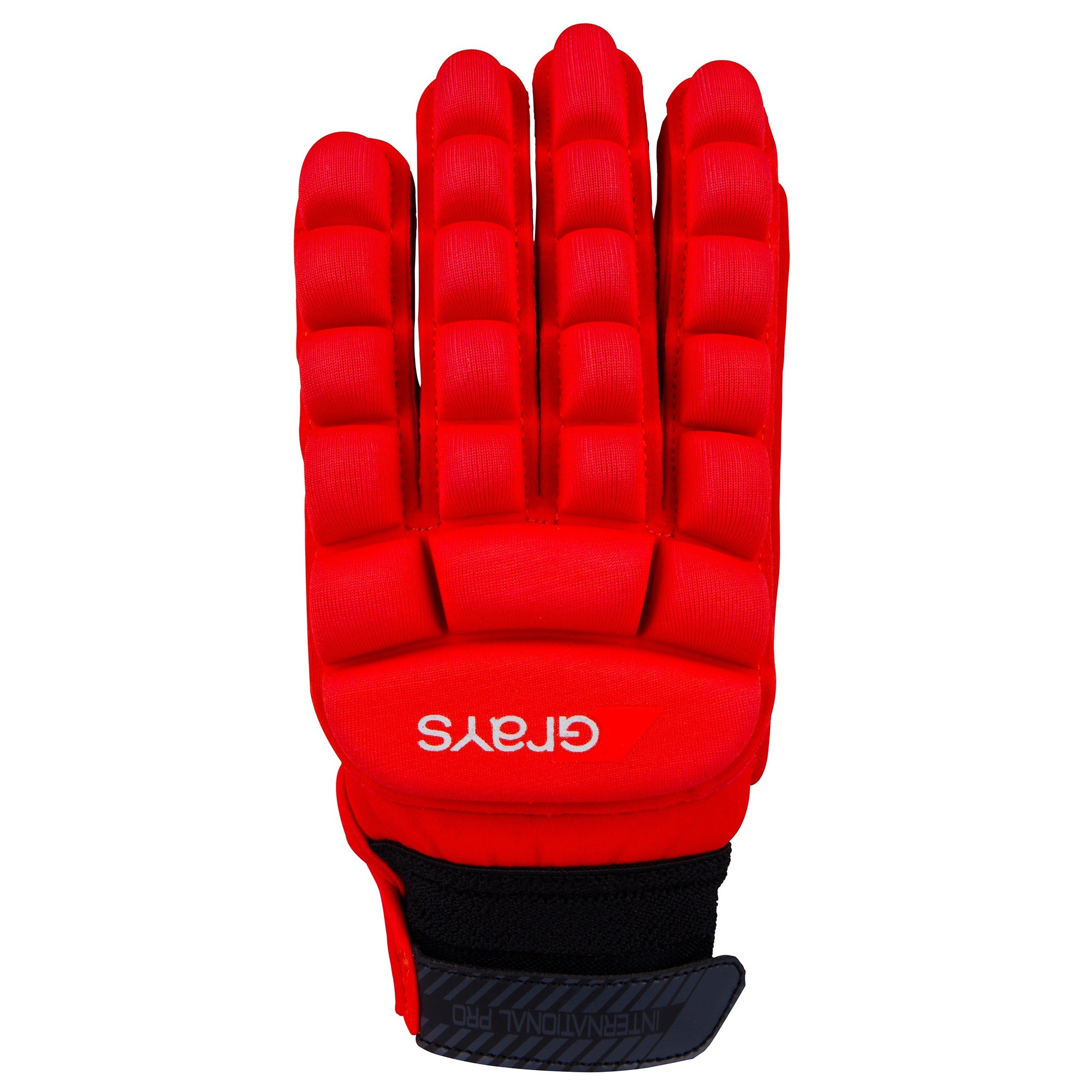 White Grays International Pro Gloves featuring a padded design for protection, a textured grip, and a secure black wrist strap for enhanced fit during hockey play.