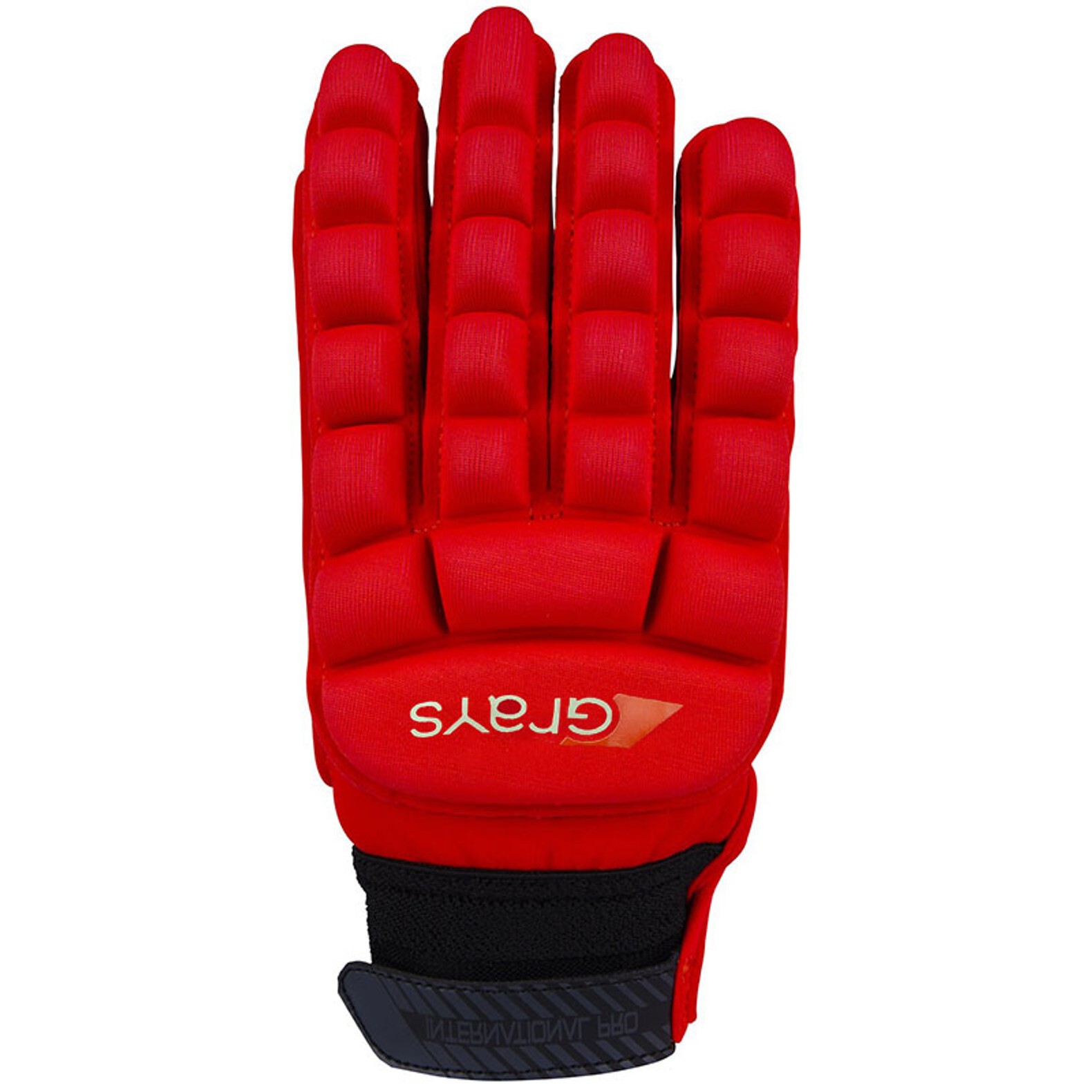White hockey gloves by Grays International, featuring a padded design for protection, a textured grip, and an adjustable wrist strap for a secure fit.