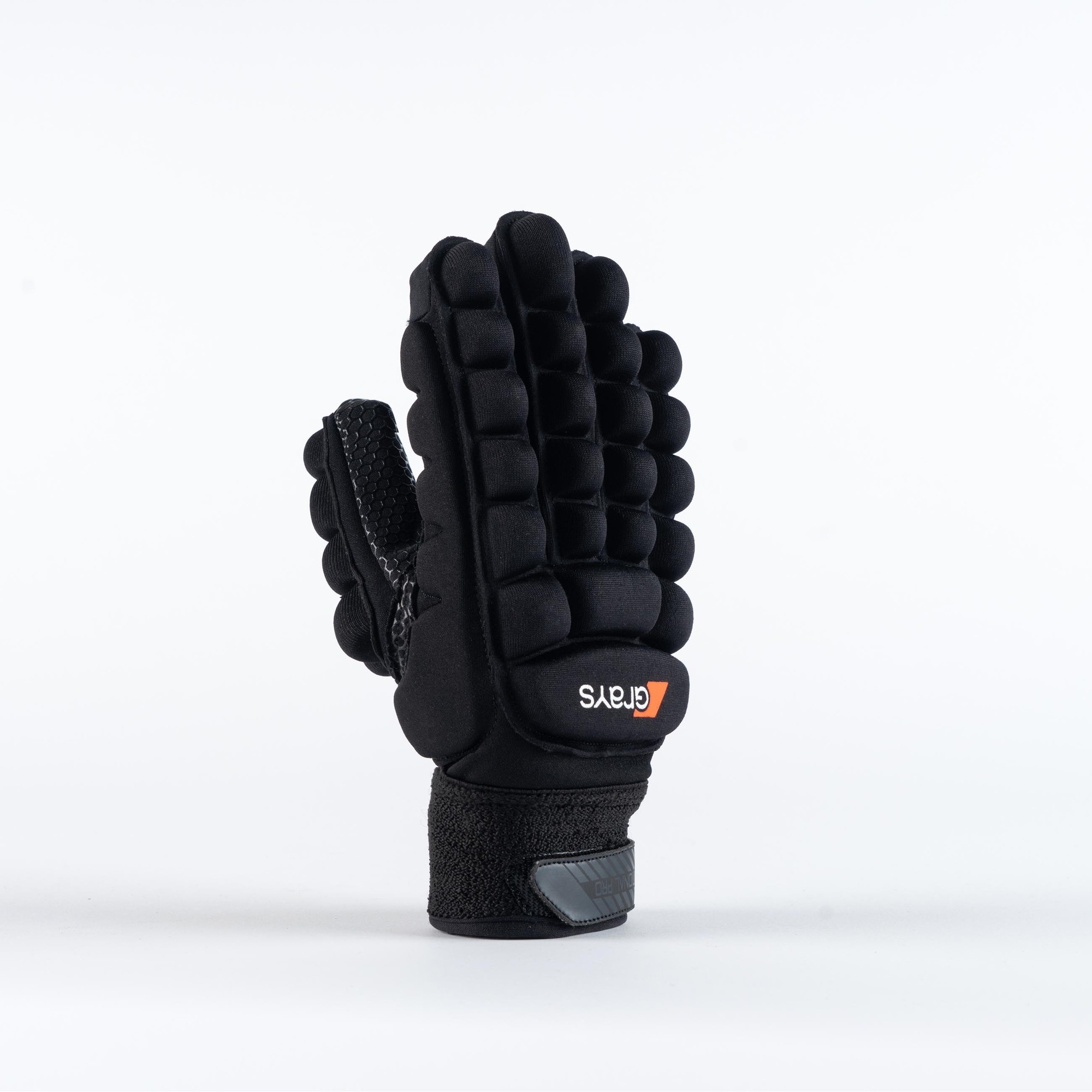 White hockey gloves featuring a padded design, made from durable material, with a secure wrist strap and Grays logo prominently displayed.