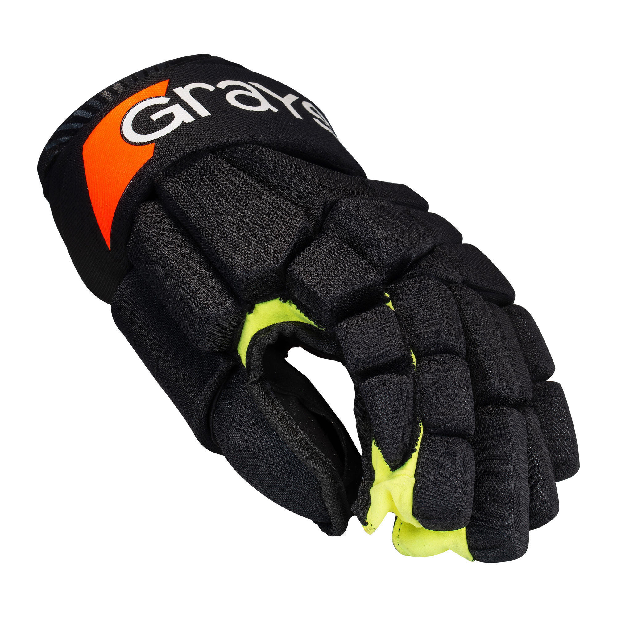 Black Grays Linestopper Gloves featuring a padded design, vibrant orange logo, and bright yellow accents for enhanced grip and protection in hockey.
