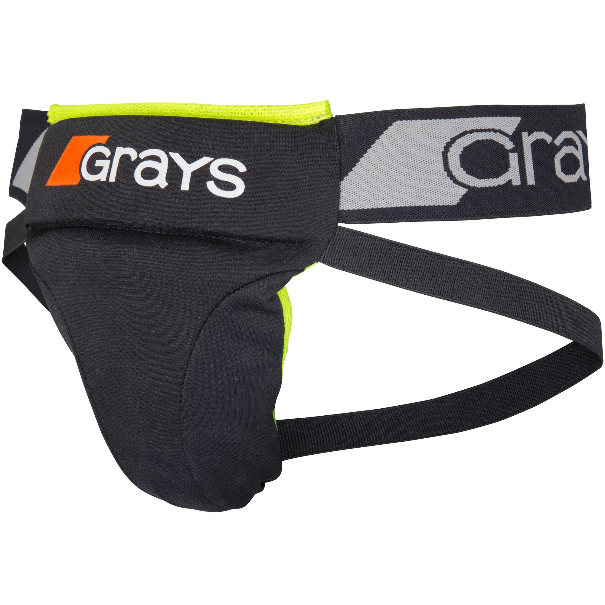 Black Grays Nitro Abdo Guard for men, featuring a padded front for protection, adjustable straps, and a bright green lining, ideal for hockey players.