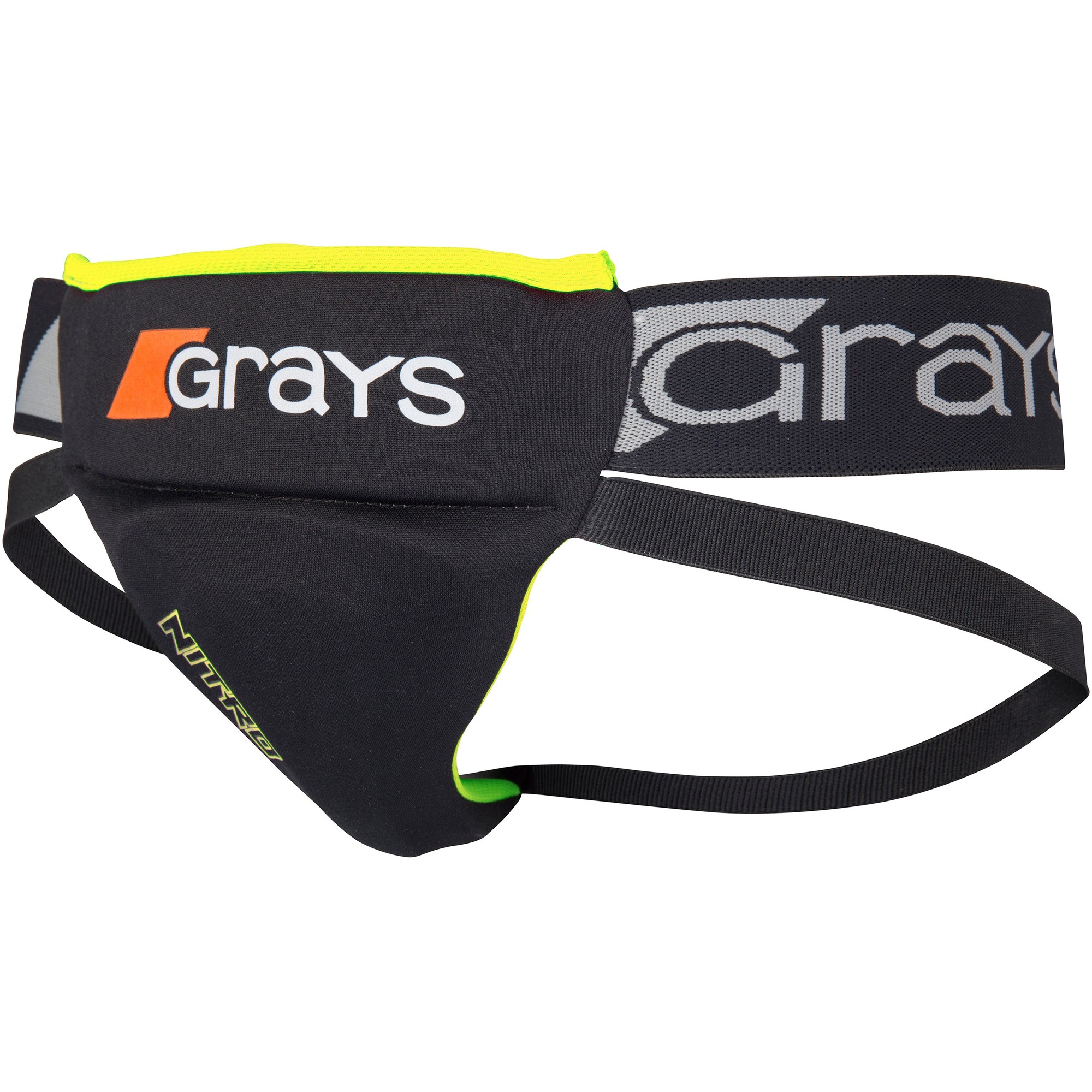 Black women's abdo guard by Grays Hockey, featuring a padded front for protection, a neon green trim, and an adjustable elastic waistband with the Grays logo.