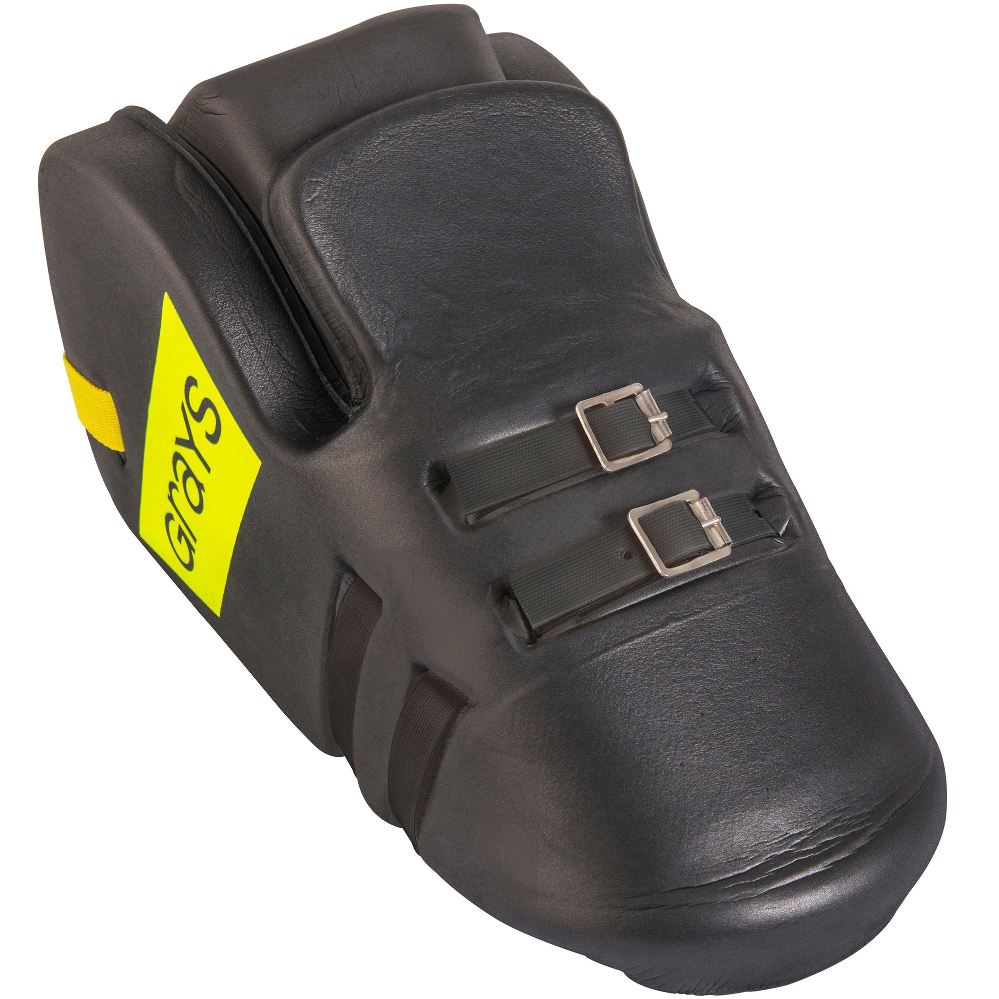 Black Grays Nitro Kickers with a sleek design, featuring a textured surface, adjustable straps, and a bright yellow logo for enhanced visibility on the field.