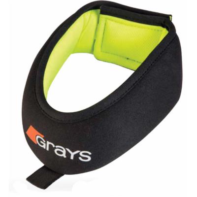 Black neoprene neck guard with a bright yellow interior, featuring the Grays logo in white and an adjustable strap for a secure fit.