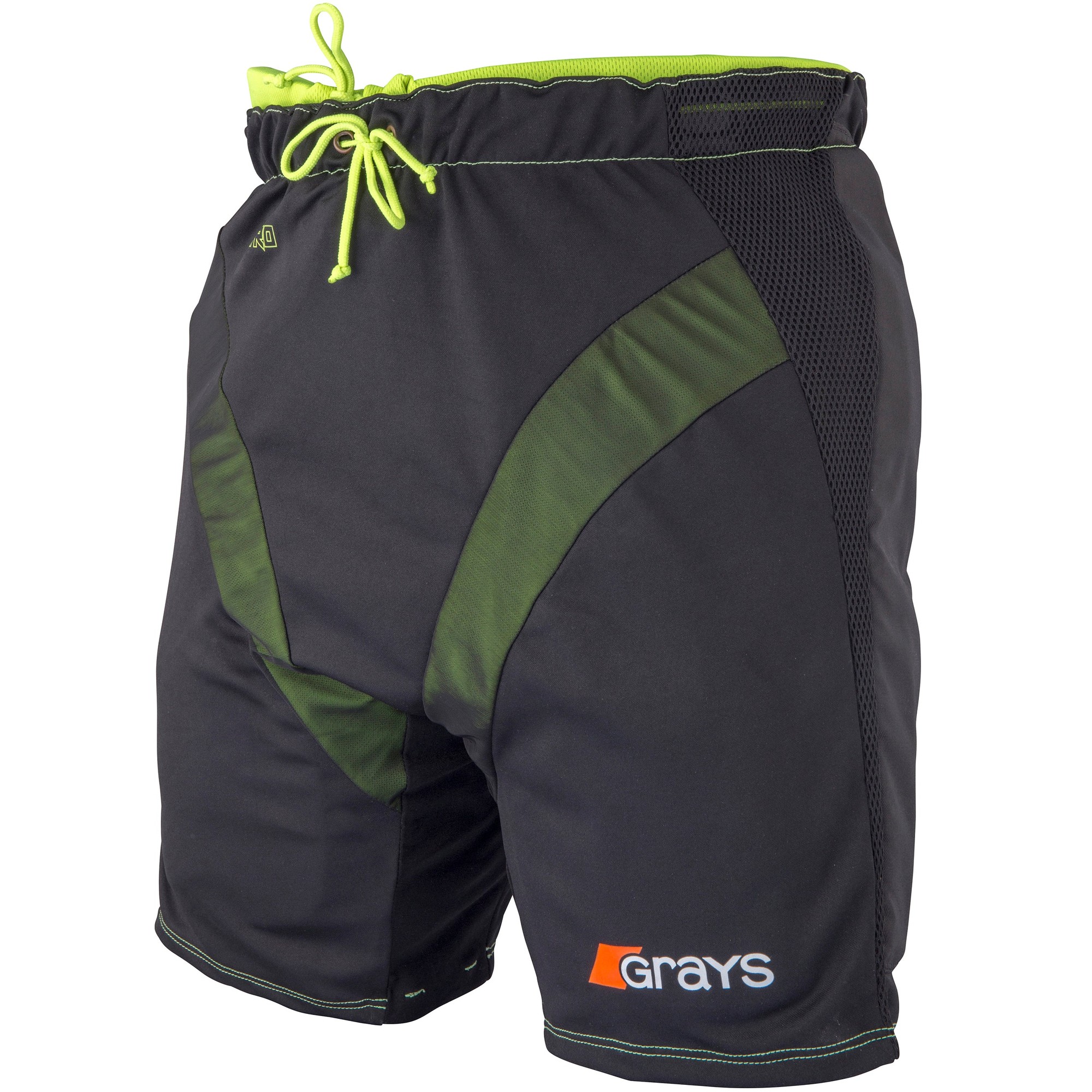 Black overshorts with green accents, made from lightweight material, featuring a drawstring waist and mesh panels for breathability, branded with the Grays logo.
