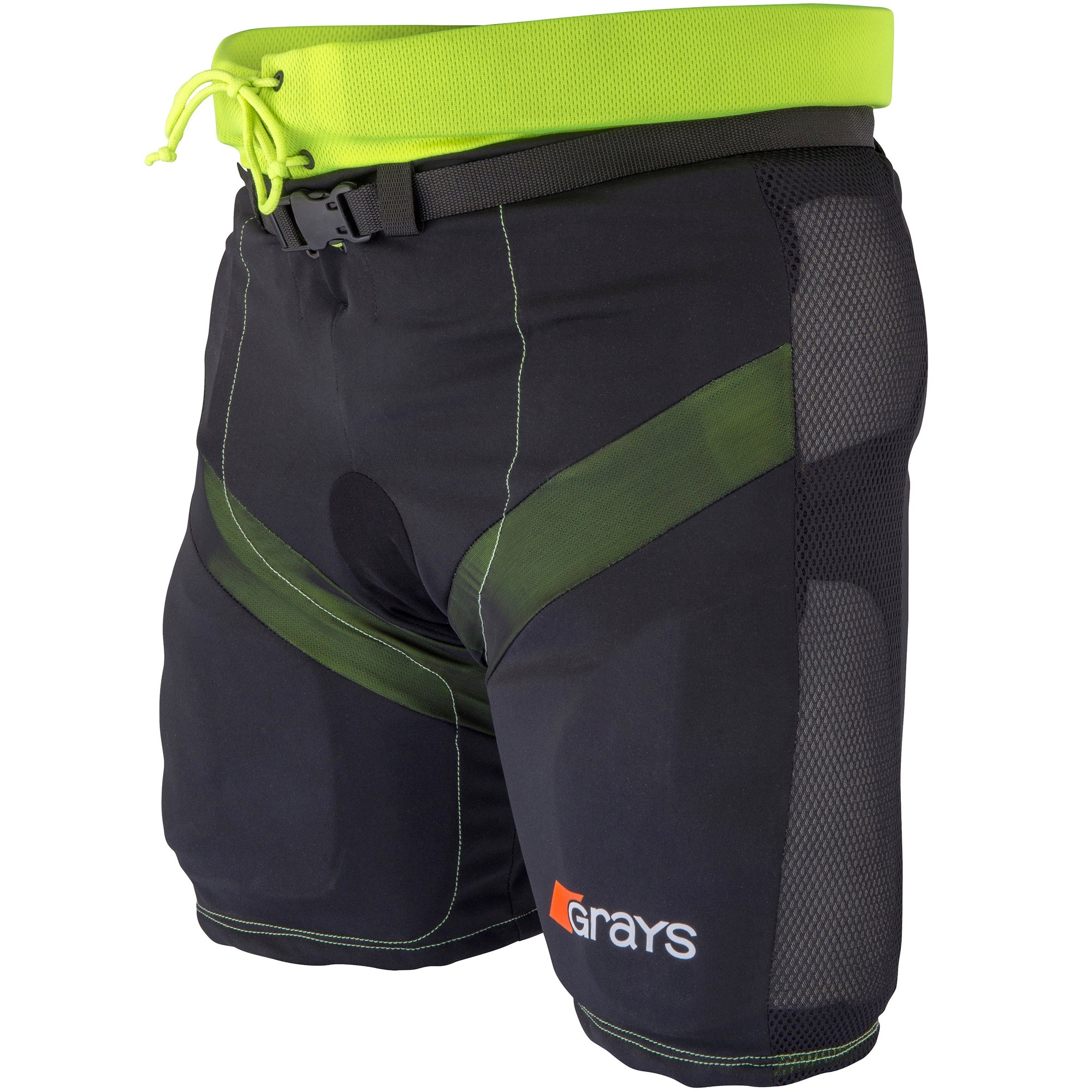 Black padded shorts with green accents, made from durable material, featuring a secure waistband, adjustable drawstring, and breathable mesh panels for enhanced comfort.