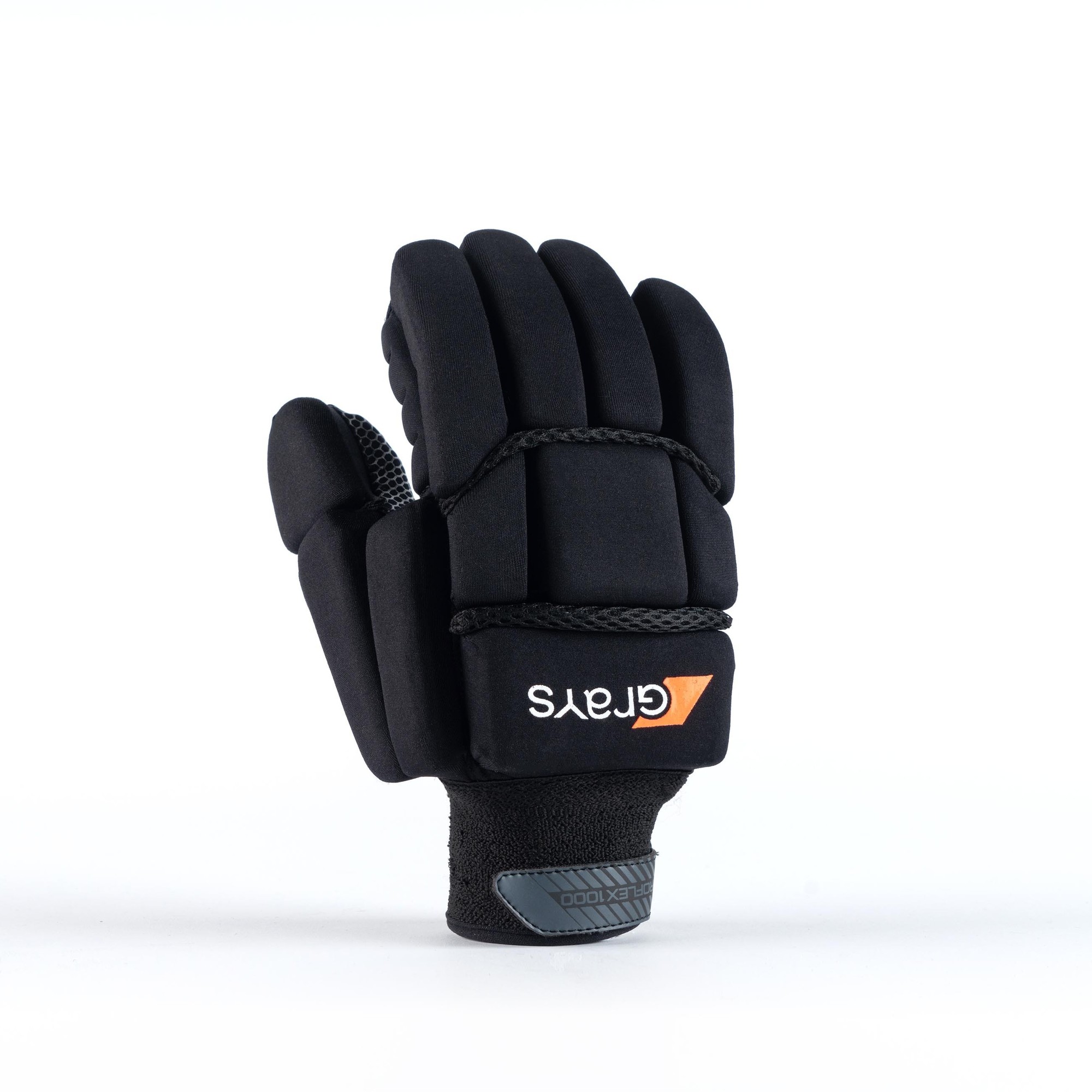 Black Grays Proflex 1000 gloves feature a padded design, textured grip, and adjustable wrist strap, ideal for enhanced performance in hockey.
