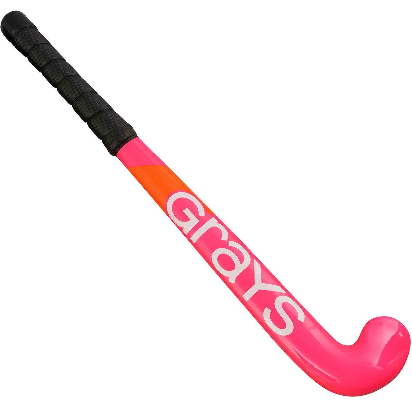 Black hockey stick with a curved end, featuring a vibrant pink and orange gradient design, and the "Grays" logo prominently displayed in white.