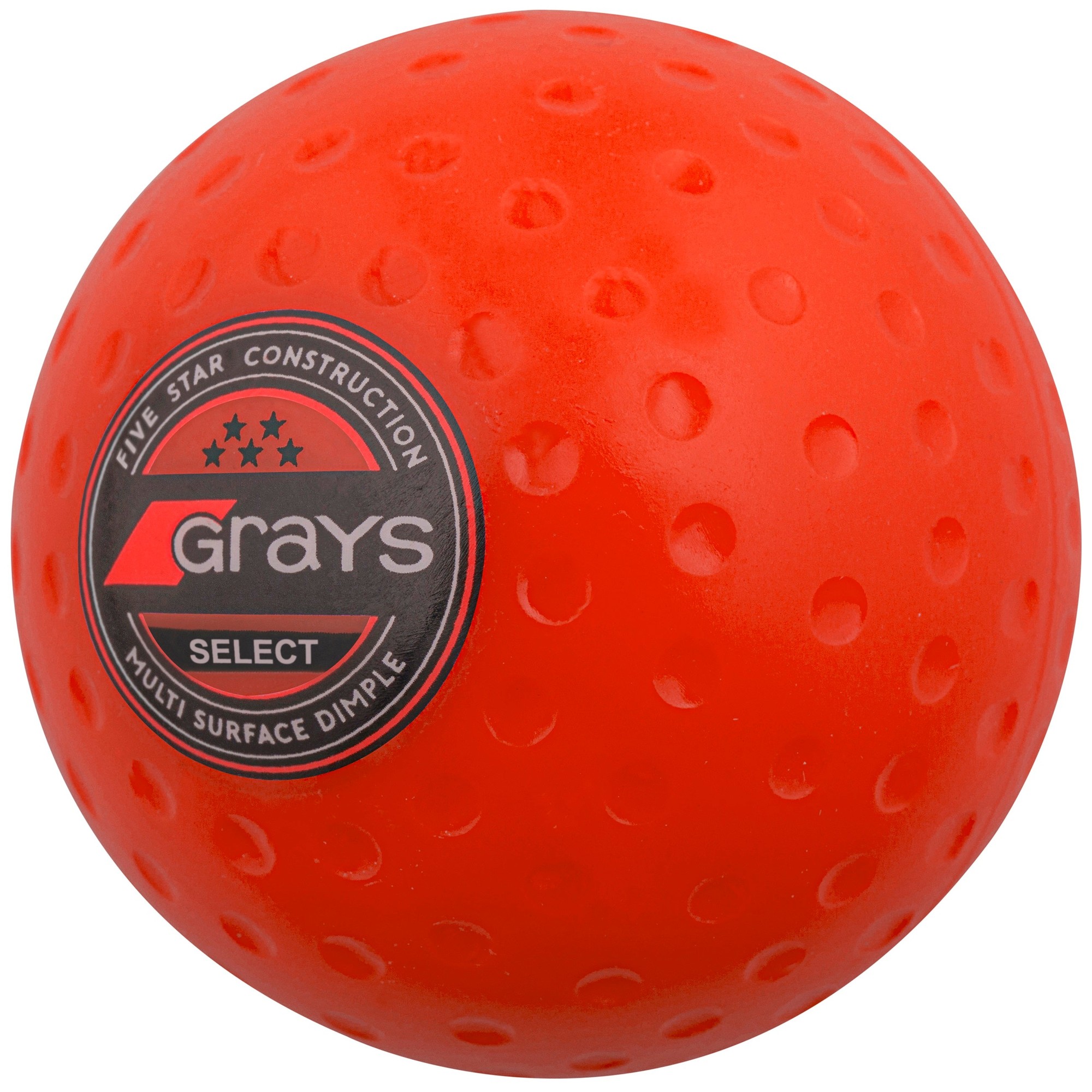 A bright orange hockey ball with a dimpled surface, featuring a black label with the Grays logo and text indicating "Five Star Construction" and "Multi Surface Dimple."