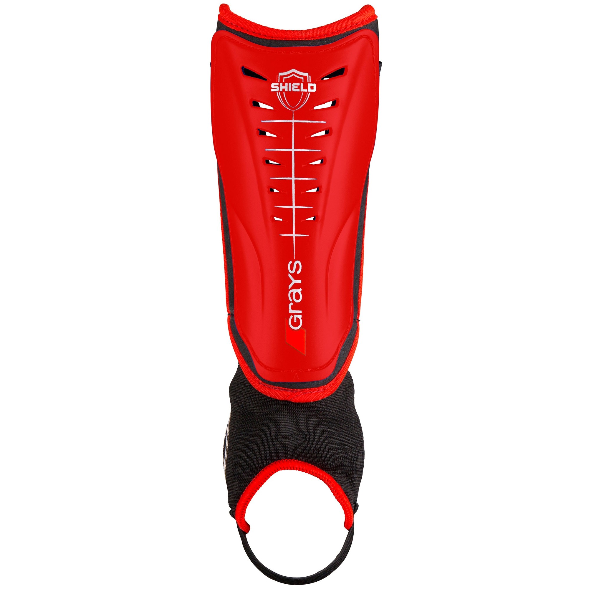 Black Grays Shield shinguards featuring a sleek design, made from durable material, with a secure elastic strap for a comfortable fit and a bold red shield logo.