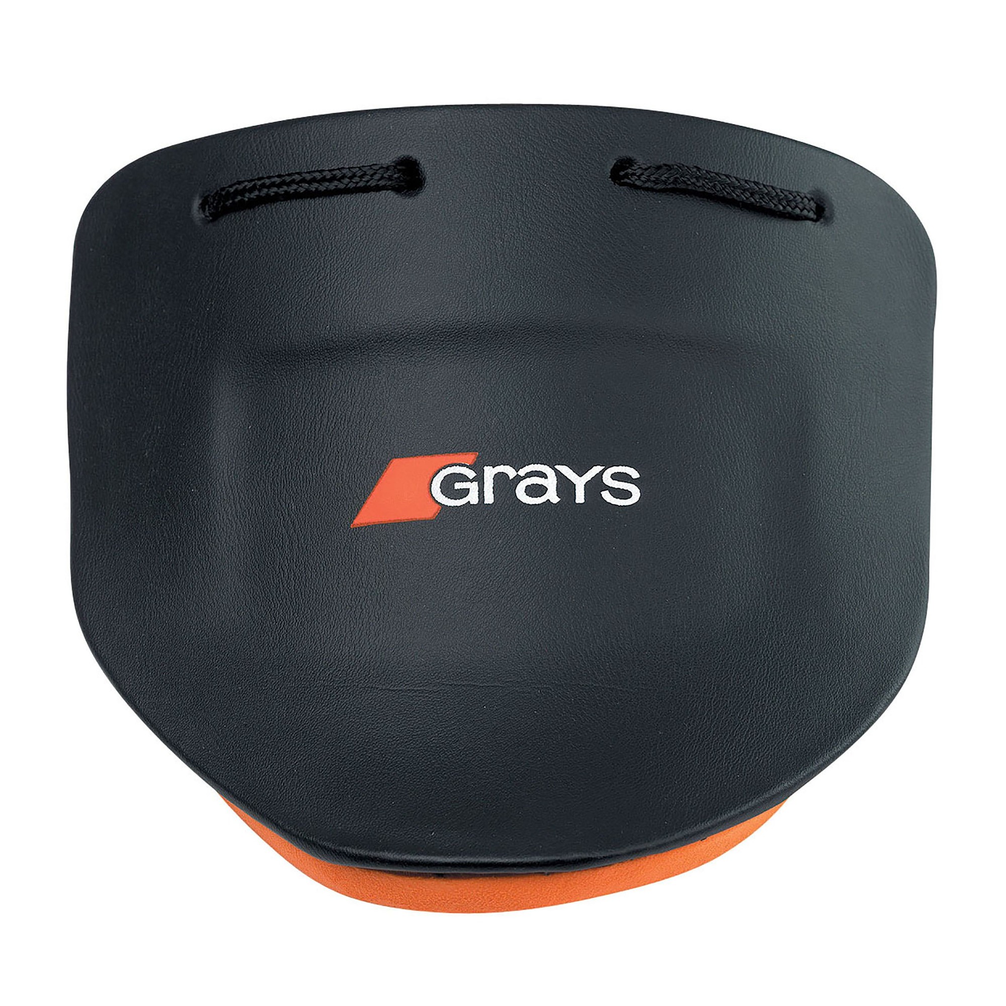 Black throat shield made of durable material, featuring an orange underside and the Grays logo prominently displayed in white on the front.
