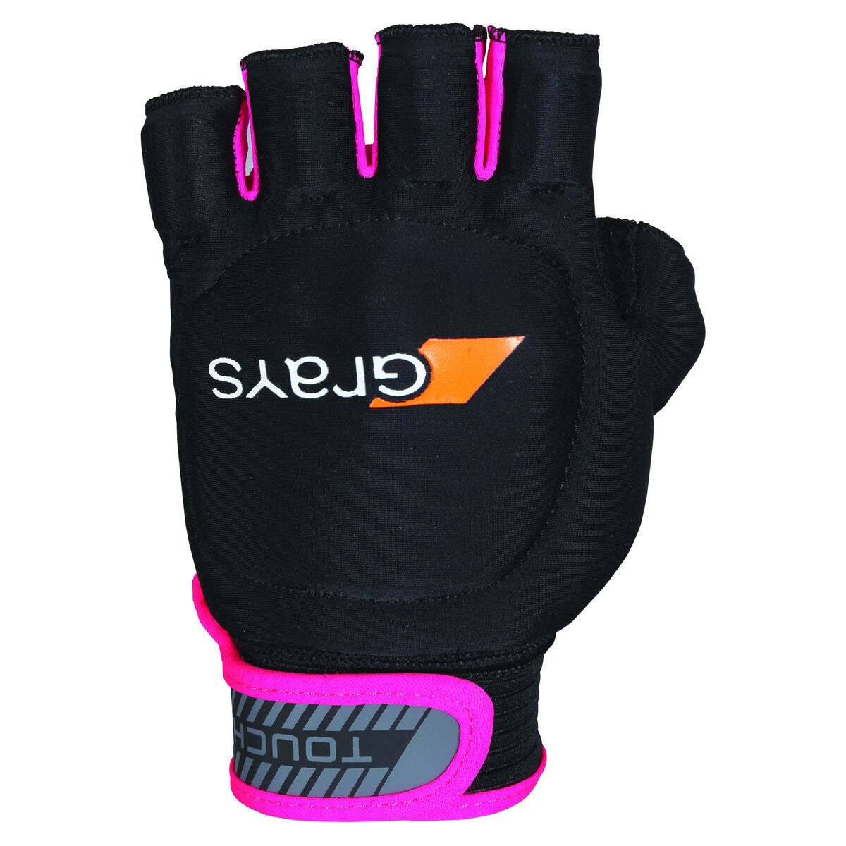 Black fingerless glove with pink accents, featuring a padded palm and adjustable wrist strap, branded with the Grays logo in orange.