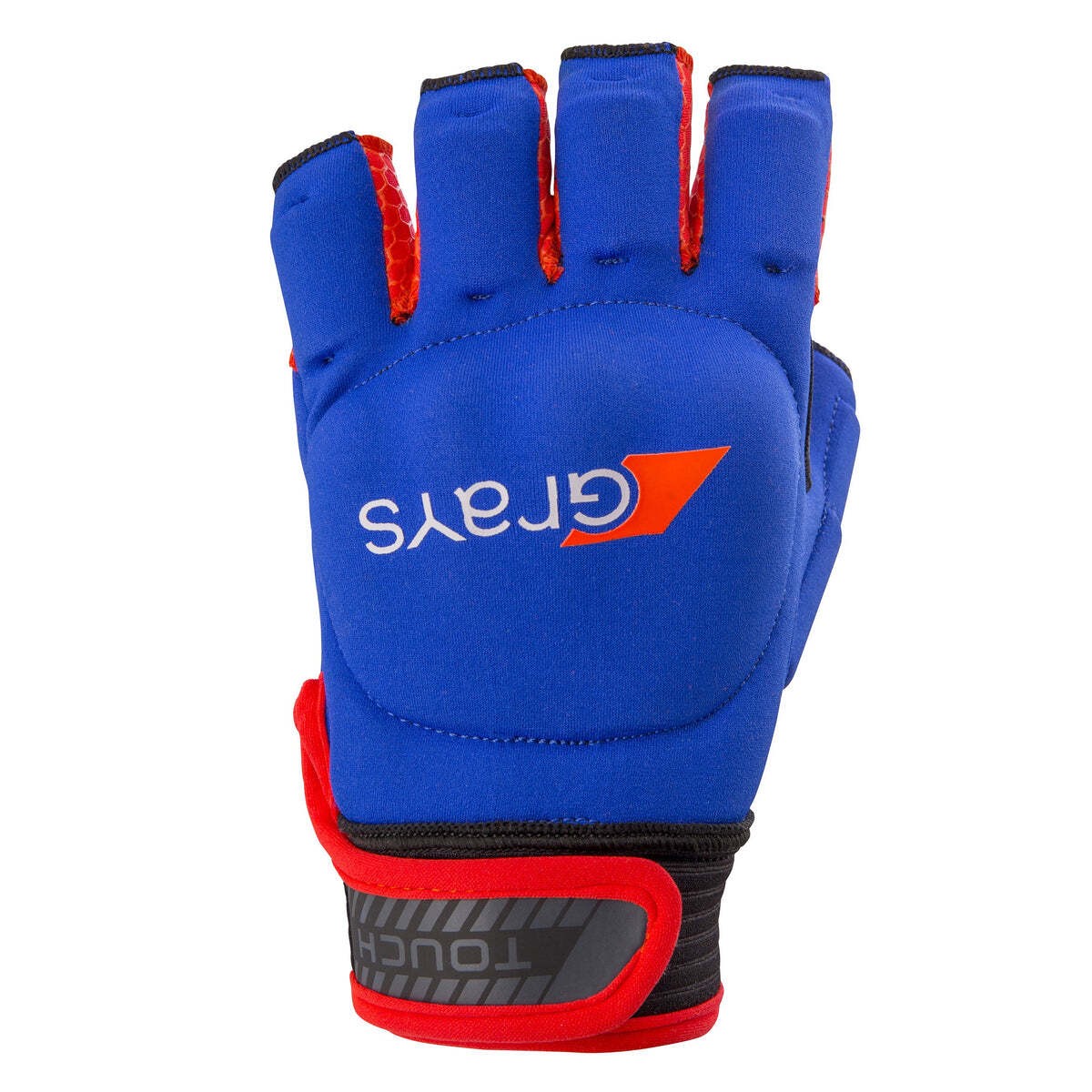 Black hockey glove with a padded palm, breathable mesh, and vibrant red accents, featuring the "Grays" logo prominently displayed on the back.