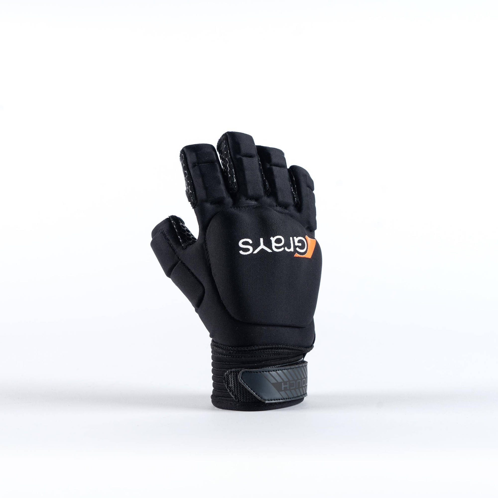 Black Grays Hockey Touch gloves with a snug fit, featuring a textured grip, padded palm, and an orange logo on the backhand, designed for enhanced performance in hockey.
