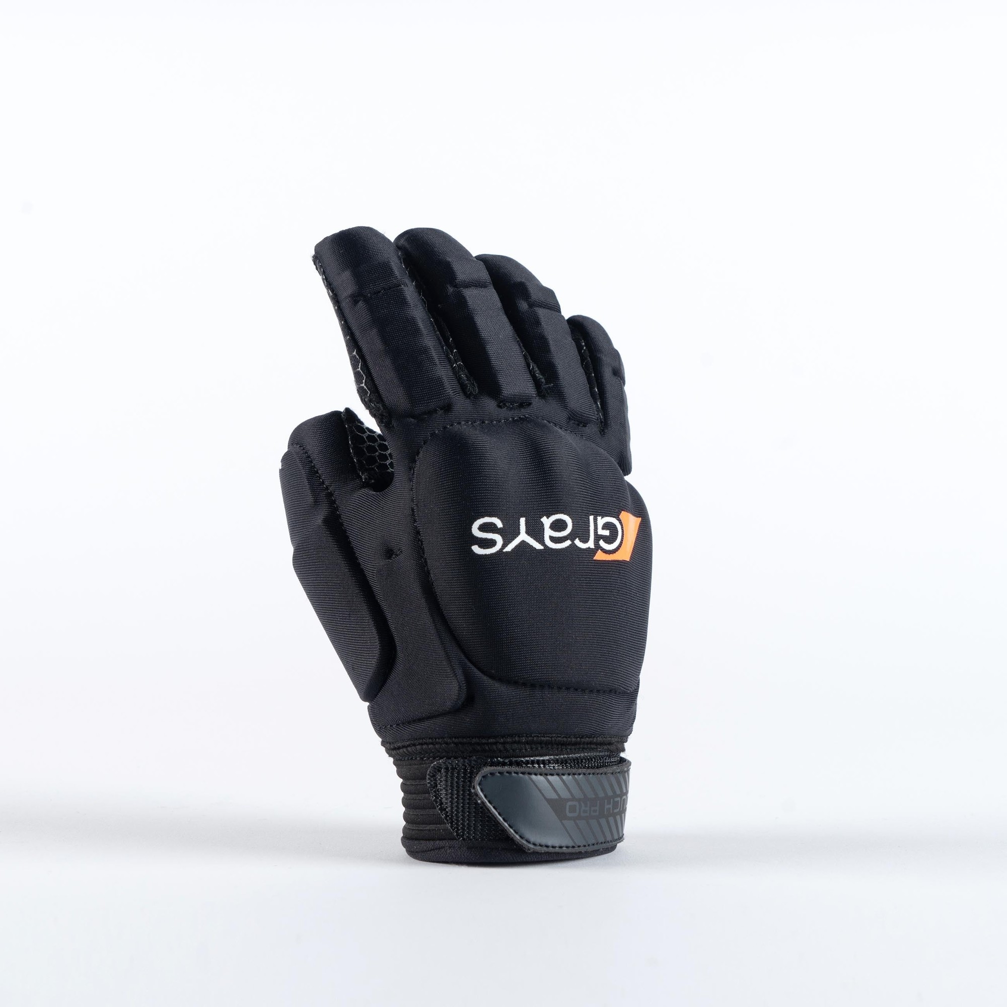 Black Grays Touch Pro Glove featuring a padded palm, flexible finger design, and a Velcro wrist strap, ideal for enhanced grip and protection in hockey.