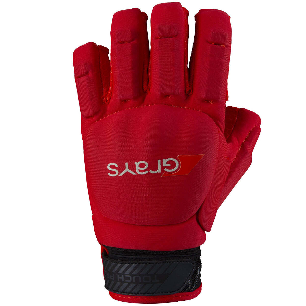 Black hockey glove by Grays, featuring a padded design, flexible fingers, and a secure wrist strap for enhanced grip and protection on the field.