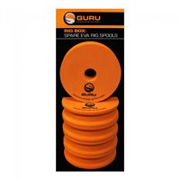 Bright orange EVA rig spools stacked vertically, featuring the Guru logo prominently on the packaging, designed for organizing fishing rigs.