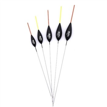 Five Guru Speed Wire Pole Floats in varying lengths, featuring a sleek black body with colored tips in yellow and orange, designed for precision fishing at 0.4g weight.