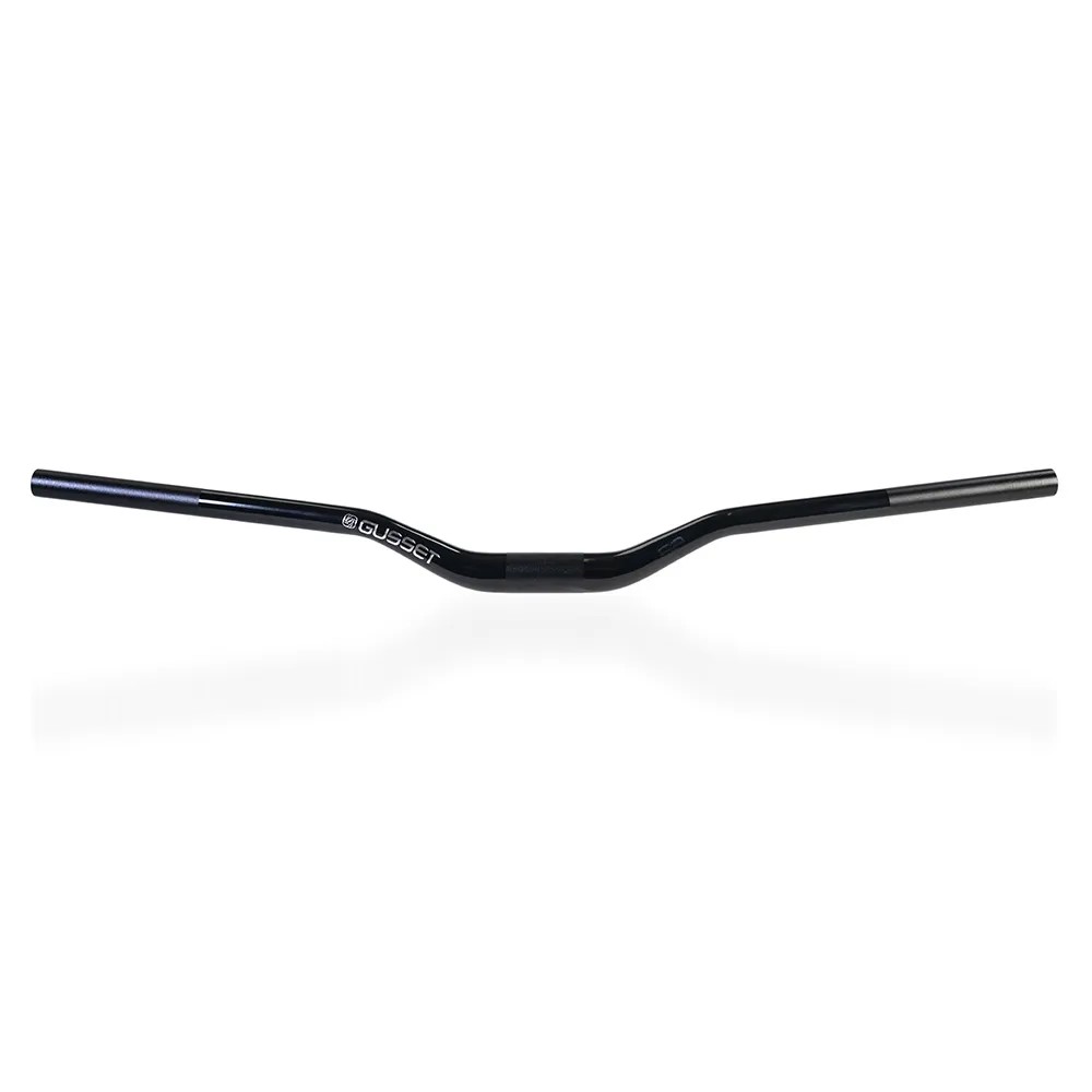 Black aluminum Gusset S2 handlebars with a 31.8mm diameter, featuring a slight rise and a wide, ergonomic design for improved grip and control.