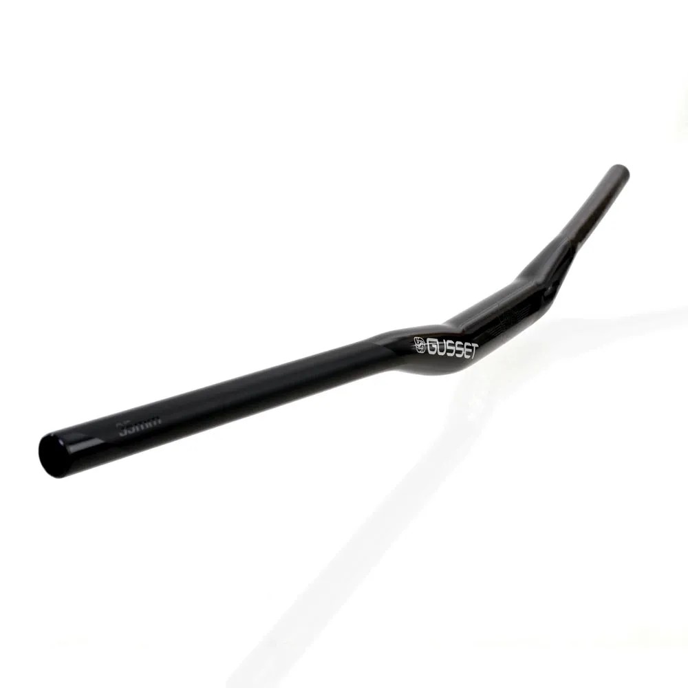 Black aluminum Gusset S2 handlebars with a 35mm diameter and 80mm rise, featuring a sleek design and the Gusset logo prominently displayed.